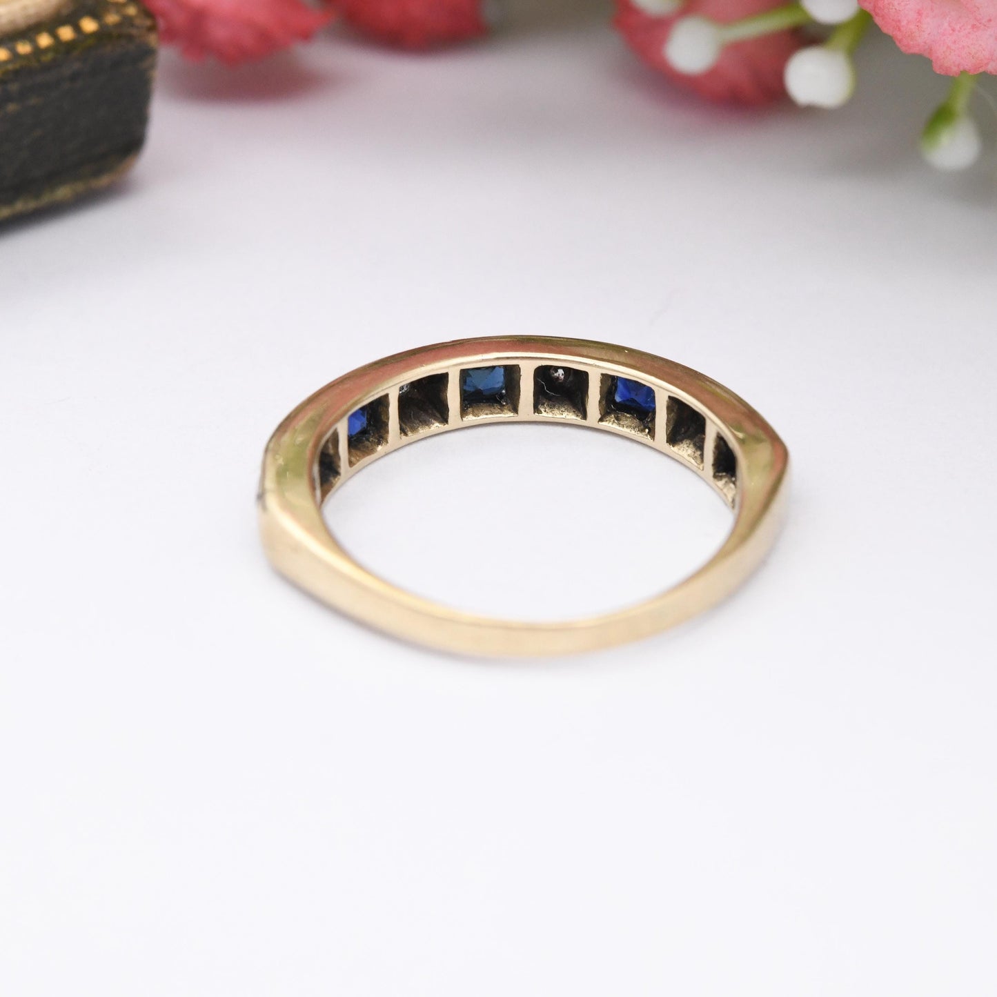 Vintage 9ct Gold Sapphire and Diamond Half Eternity Ring 1982 - Square Blue Gemstone Band Stacker Ring | UK Size - N | US Size - 6 3/4