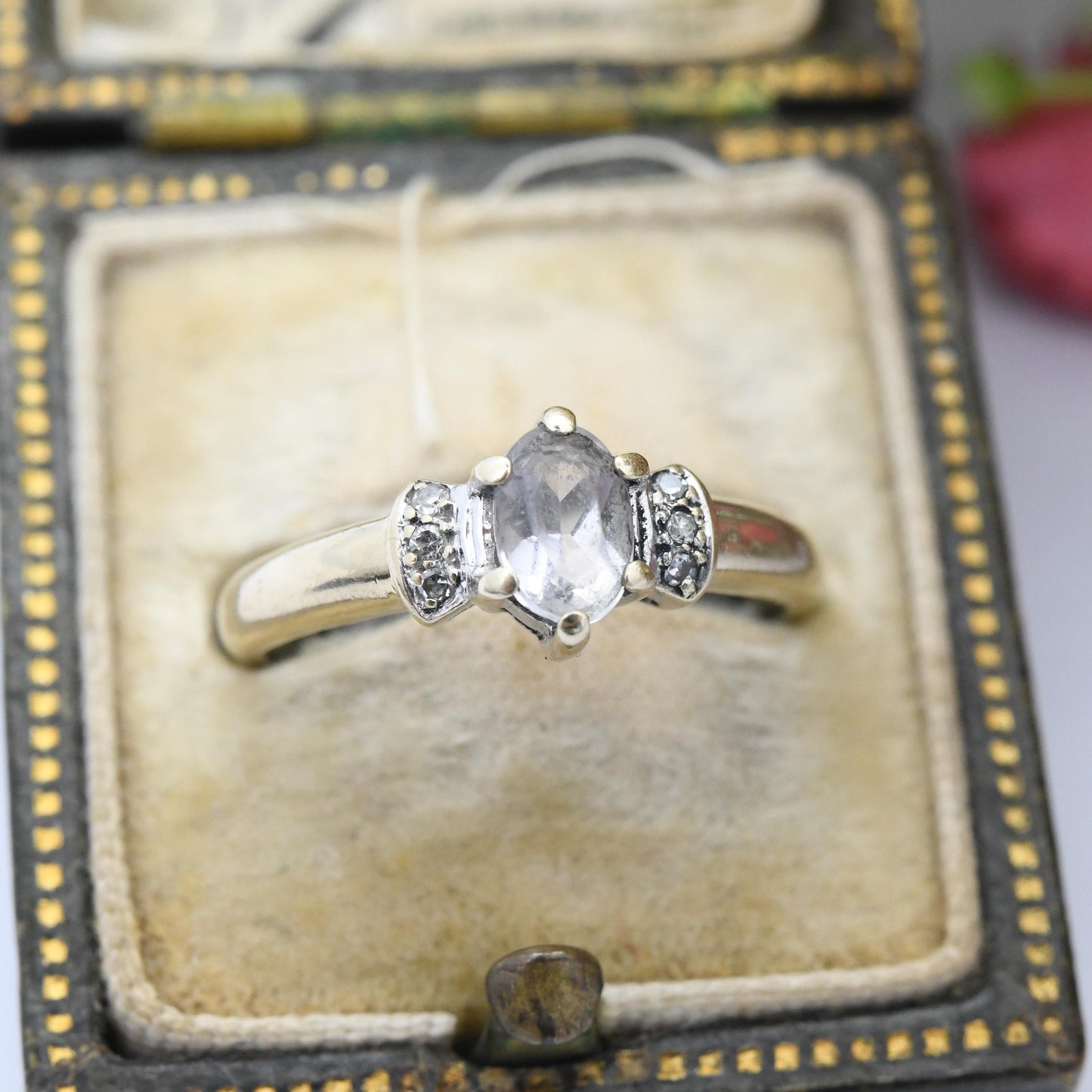 Vintage 9ct Gold Quartz Solitaire Ring with Diamond Side Stones 1996 - Oval Stone Engagement Pretty Gift | UK Size - I 1/2 | US Size - 4 1/2