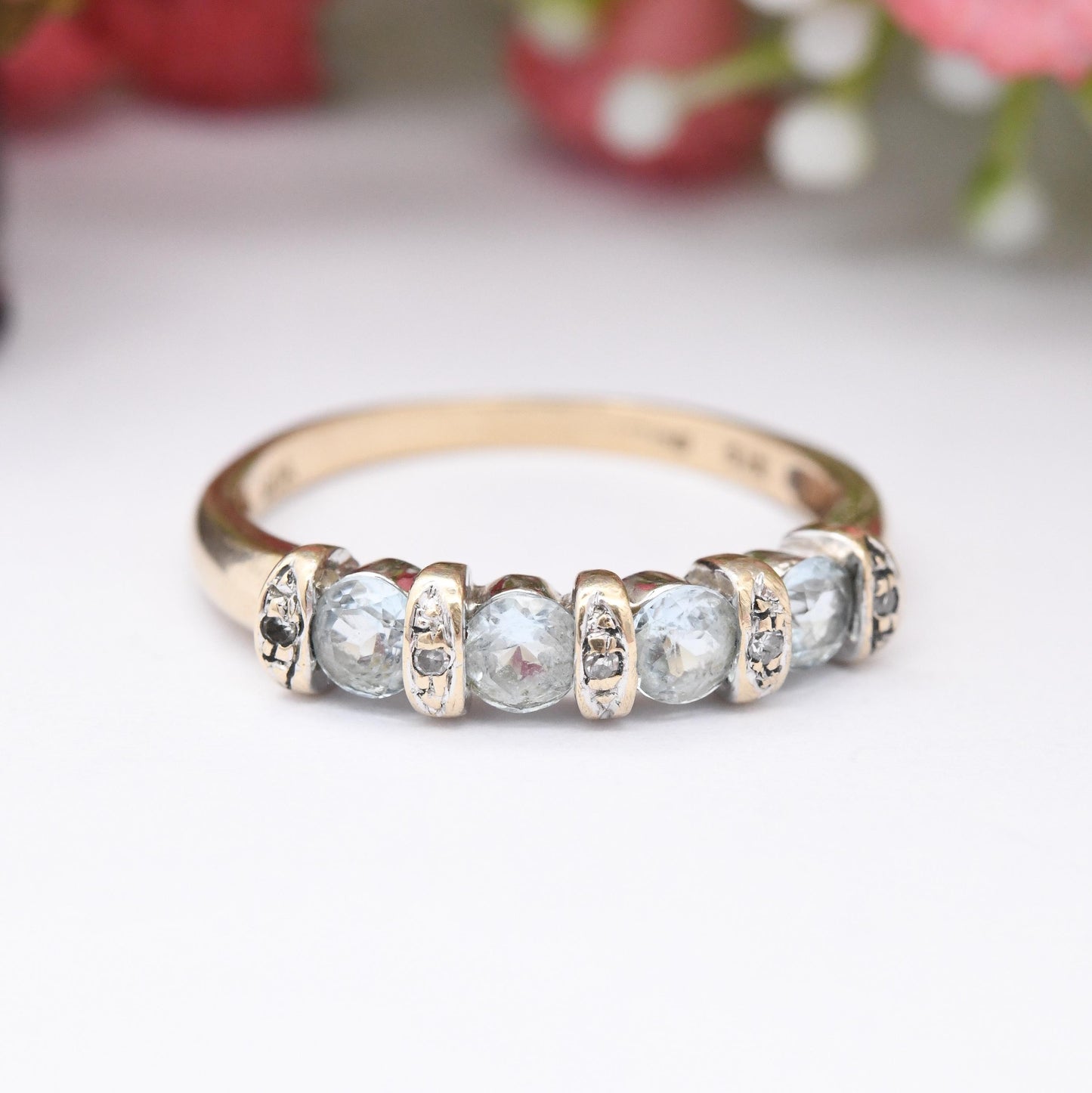 Vintage 9ct Gold Aquamarine and Diamond Ring - Blue and White Gemstone Half Hoop Band Ring Tension Illusion | UK Size - P | US Size - 7 1/2