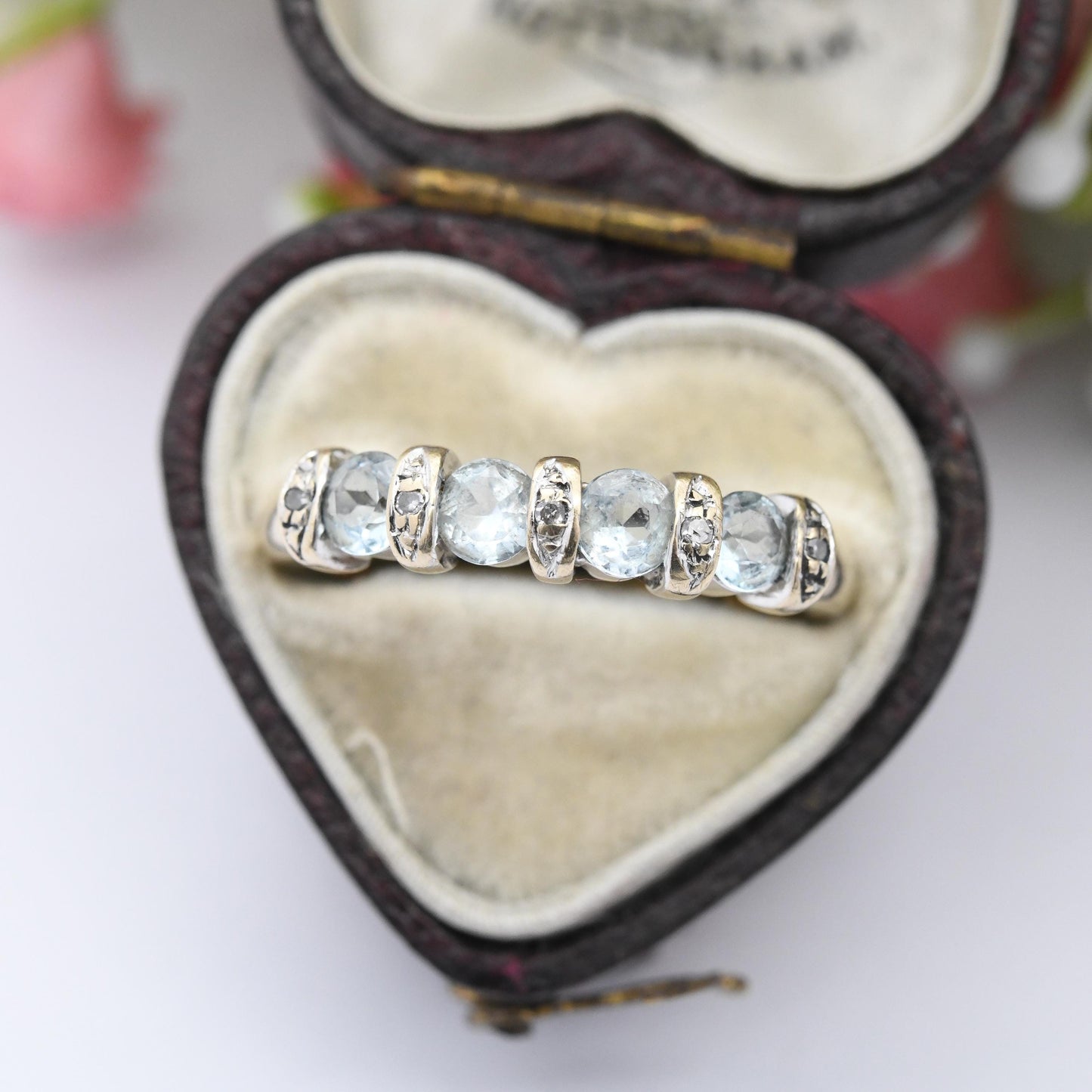 Vintage 9ct Gold Aquamarine and Diamond Ring - Blue and White Gemstone Half Hoop Band Ring Tension Illusion | UK Size - P | US Size - 7 1/2