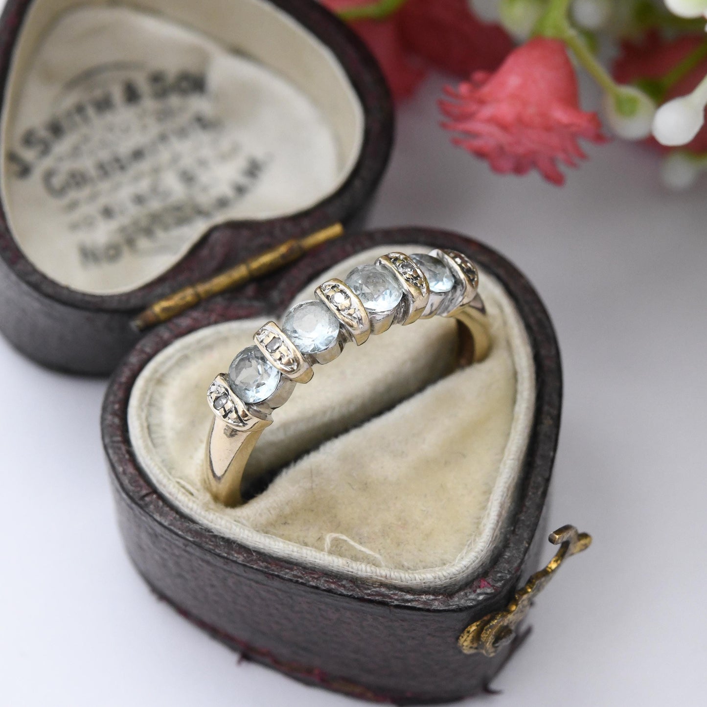 Vintage 9ct Gold Aquamarine and Diamond Ring - Blue and White Gemstone Half Hoop Band Ring Tension Illusion | UK Size - P | US Size - 7 1/2