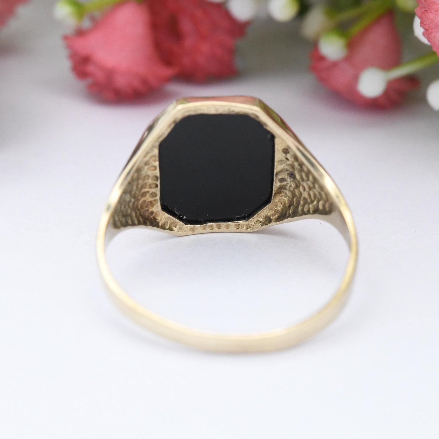 Reserved** Vintage 9ct Gold Onyx Signet Ring 1993 Star Shoulder - Diamond Cut Celestial Jewellery Boyfriend Gift | UK Size - S | US Size - 9