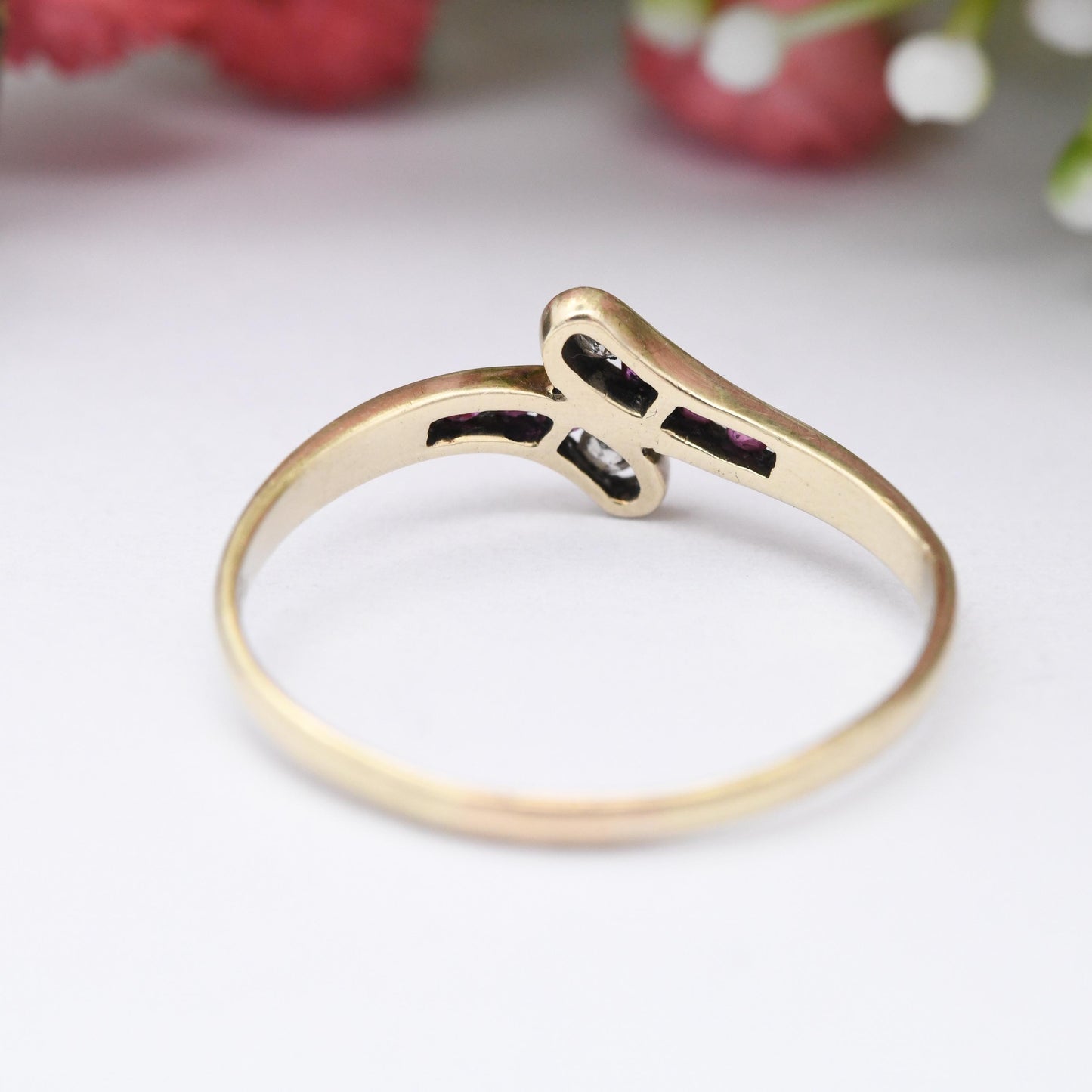 Vintage 9ct Gold Ruby and Diamond Bypass Ring 1986 - Channel Set Gemstone Stacker Ring Pretty Gift for Her | UK Size - P | US Size - 7 1/2