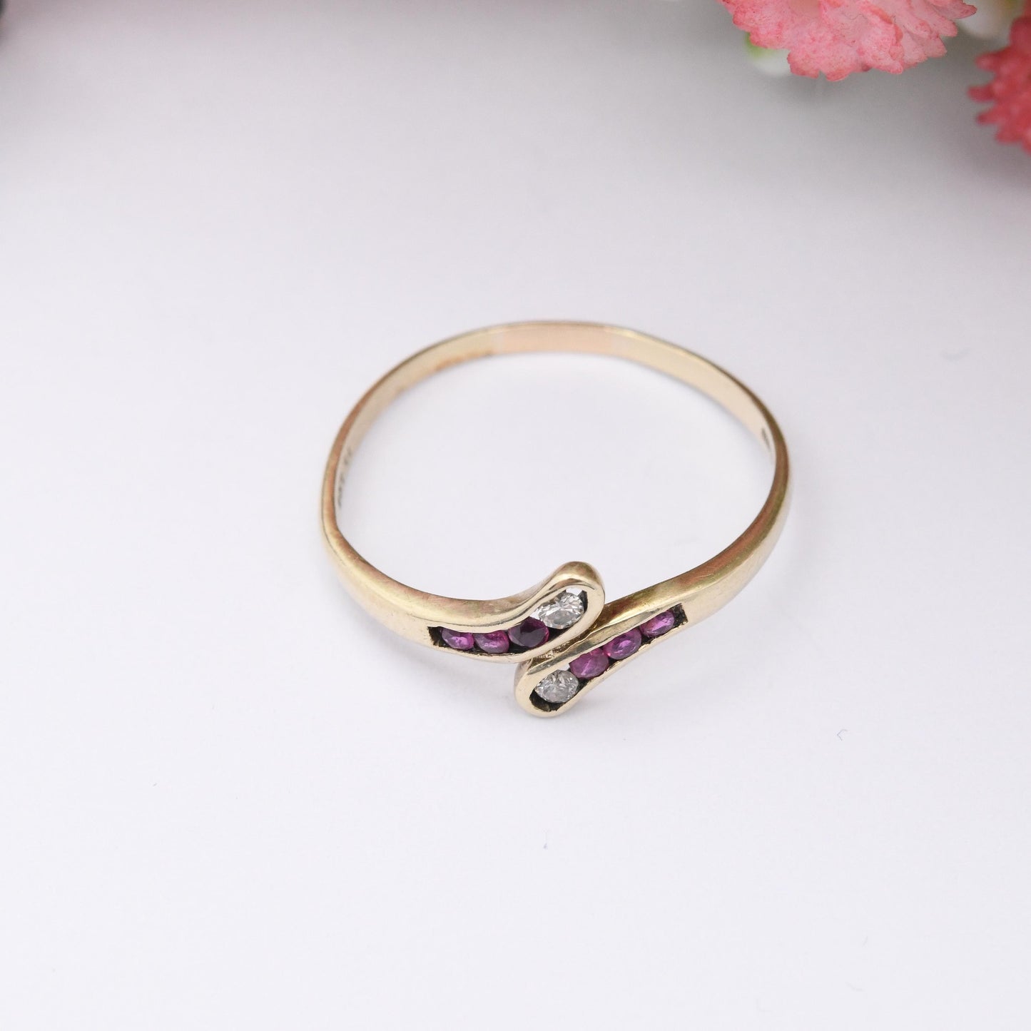 Vintage 9ct Gold Ruby and Diamond Bypass Ring 1986 - Channel Set Gemstone Stacker Ring Pretty Gift for Her | UK Size - P | US Size - 7 1/2