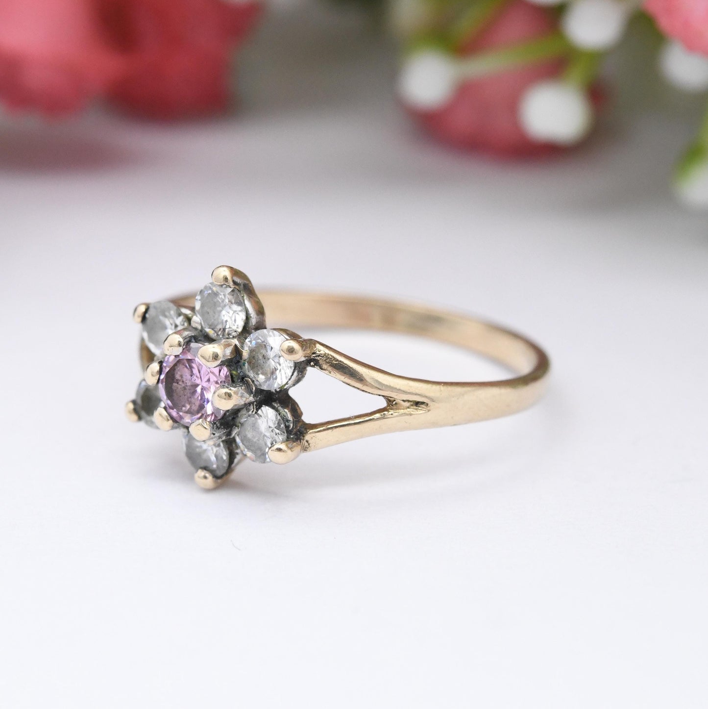 Vintage 9ct Gold Flower Ring Pink and White CZ - Mid-Century Floral Shape Cocktail Sparkly Jewellery Gift | UK Size - L 1/2 | US Size - 6