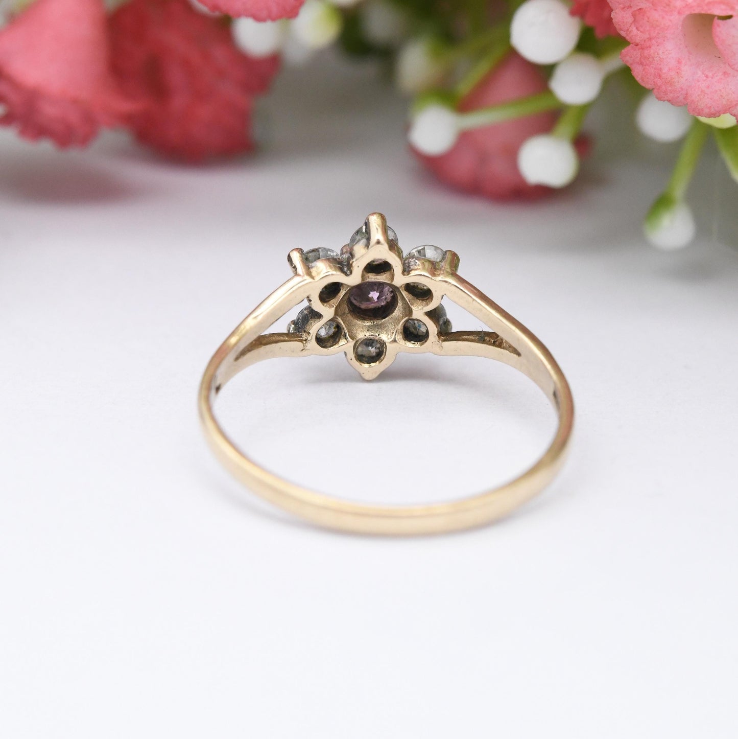 Vintage 9ct Gold Flower Ring Pink and White CZ - Mid-Century Floral Shape Cocktail Sparkly Jewellery Gift | UK Size - L 1/2 | US Size - 6