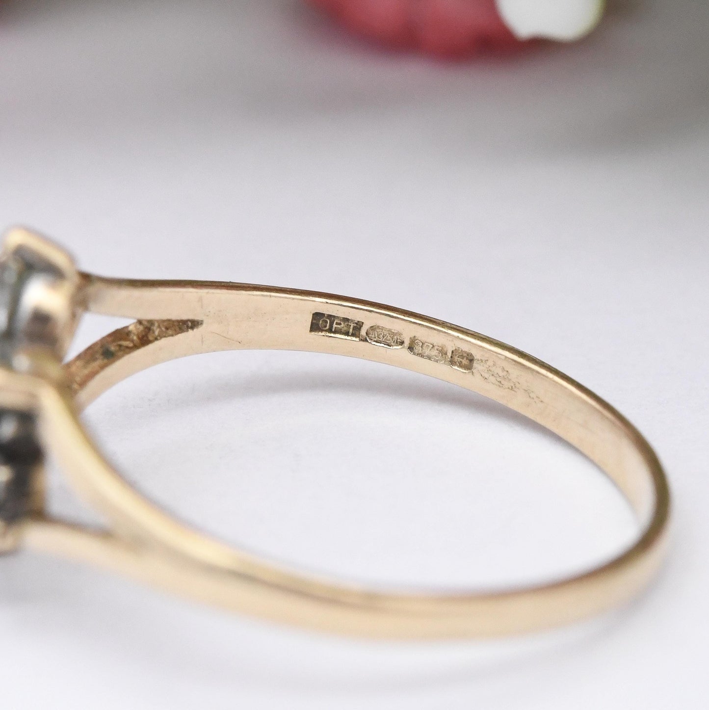 Vintage 9ct Gold Flower Ring Pink and White CZ - Mid-Century Floral Shape Cocktail Sparkly Jewellery Gift | UK Size - L 1/2 | US Size - 6