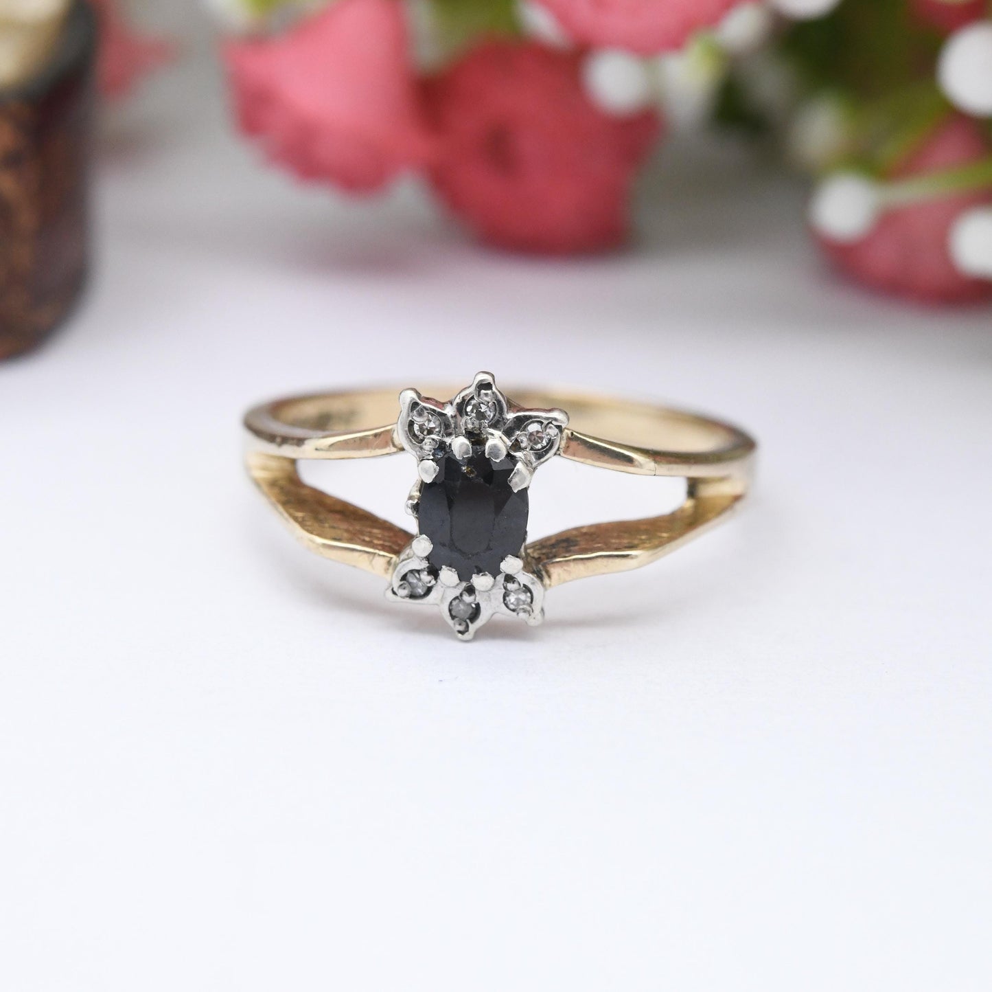 Vintage 9ct Gold Sapphire Diamond Floral Cluster Ring 1981 - Mid-Century Cut Out Statement Gift for Her | UK Size - P 1/2 | US Size - 7 3/4