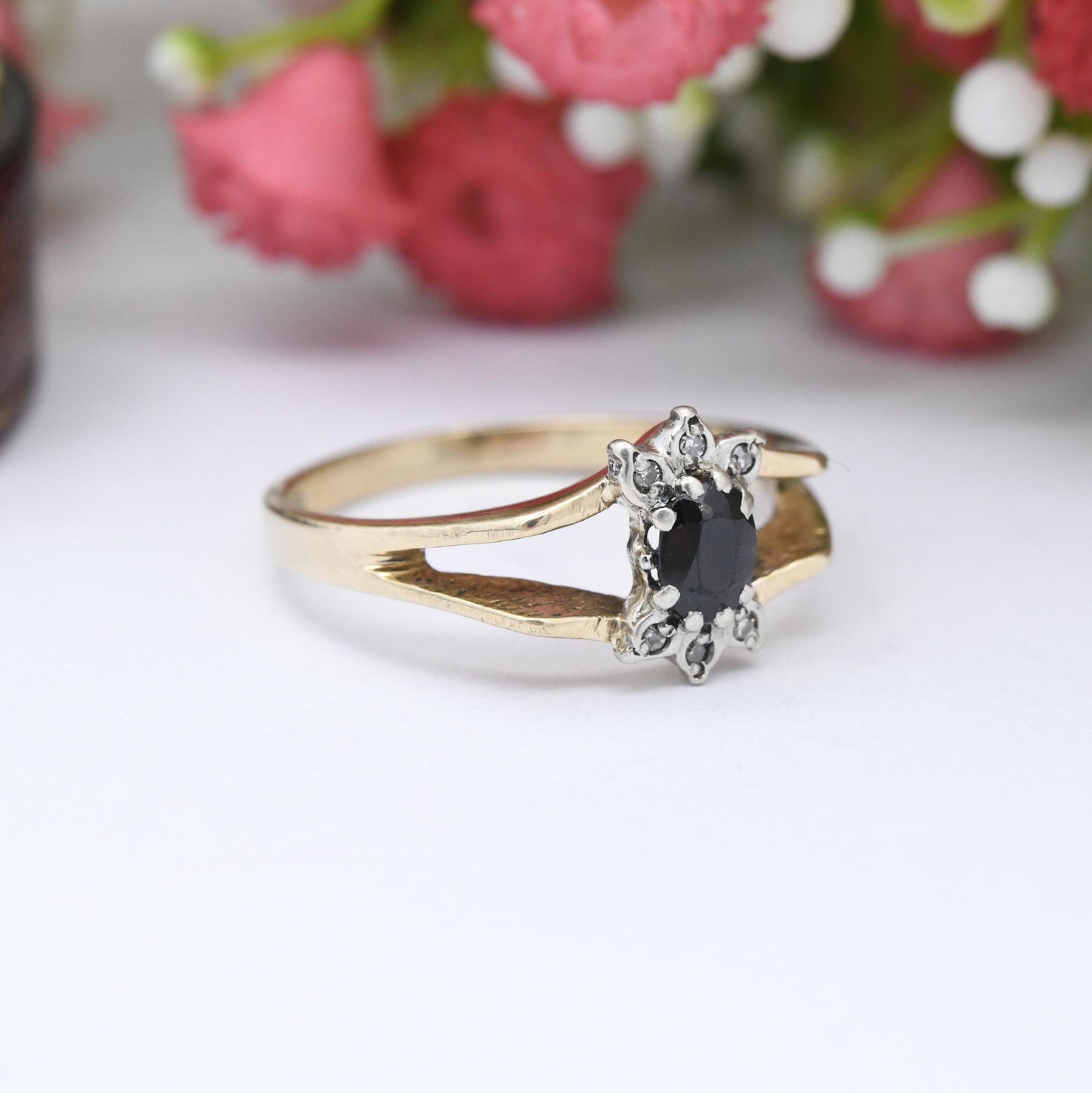 Vintage 9ct Gold Sapphire Diamond Floral Cluster Ring 1981 - Mid-Century Cut Out Statement Gift for Her | UK Size - P 1/2 | US Size - 7 3/4