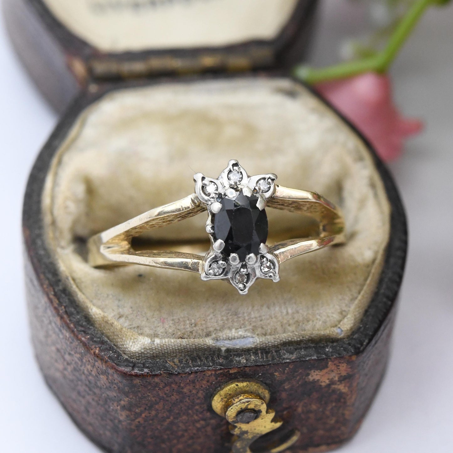 Vintage 9ct Gold Sapphire Diamond Floral Cluster Ring 1981 - Mid-Century Cut Out Statement Gift for Her | UK Size - P 1/2 | US Size - 7 3/4