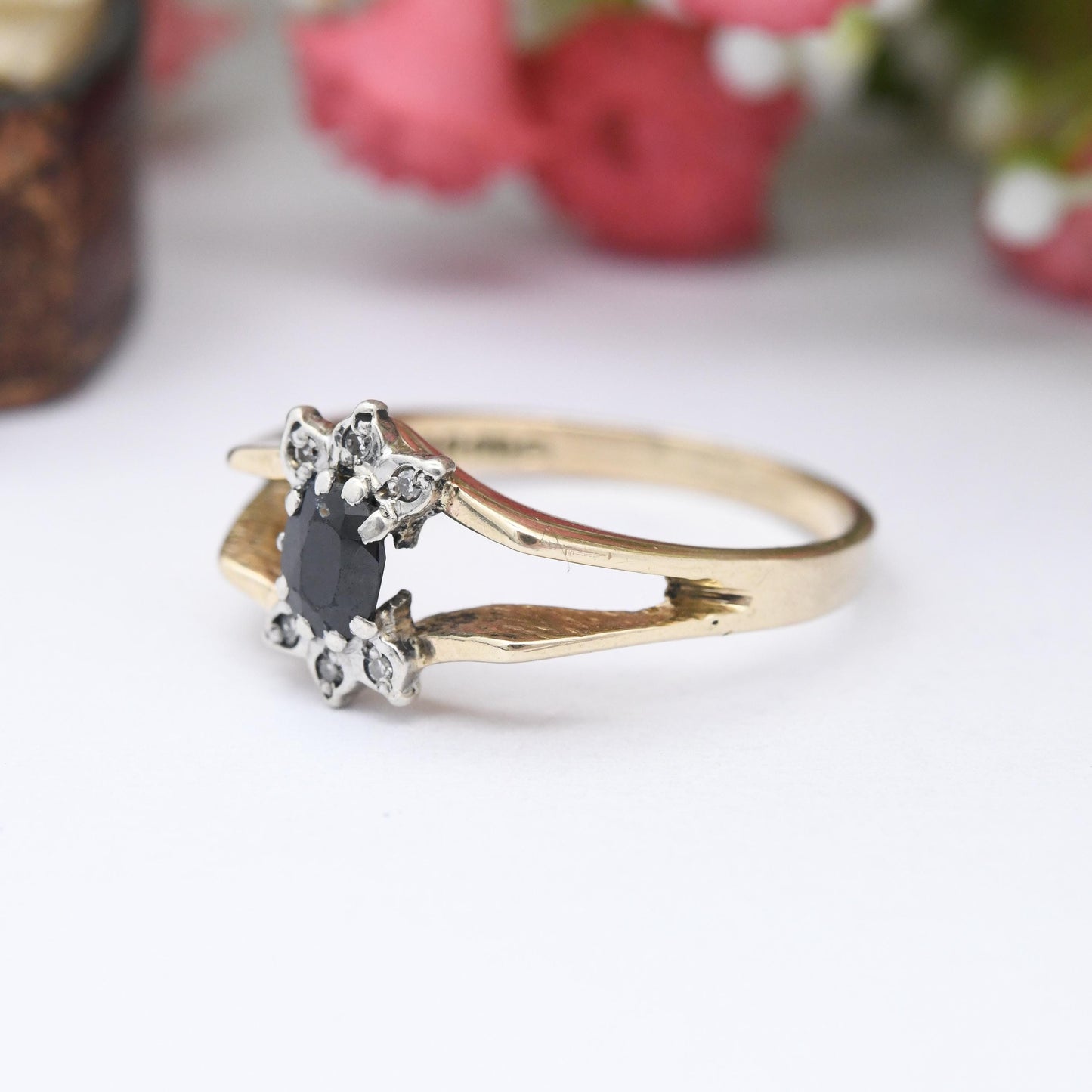 Vintage 9ct Gold Sapphire Diamond Floral Cluster Ring 1981 - Mid-Century Cut Out Statement Gift for Her | UK Size - P 1/2 | US Size - 7 3/4