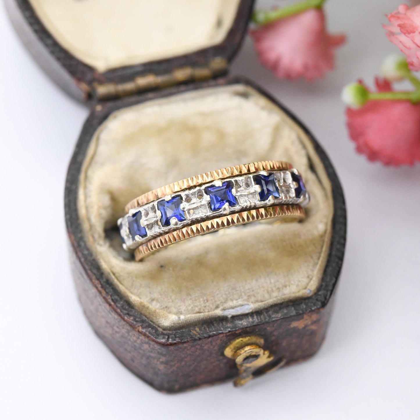 Vintage 9ct Gold Eternity Ring with Square Blue Stones - Two-Tone White Gold Yellow Gold | UK Size - M | US Size - 6 1/4