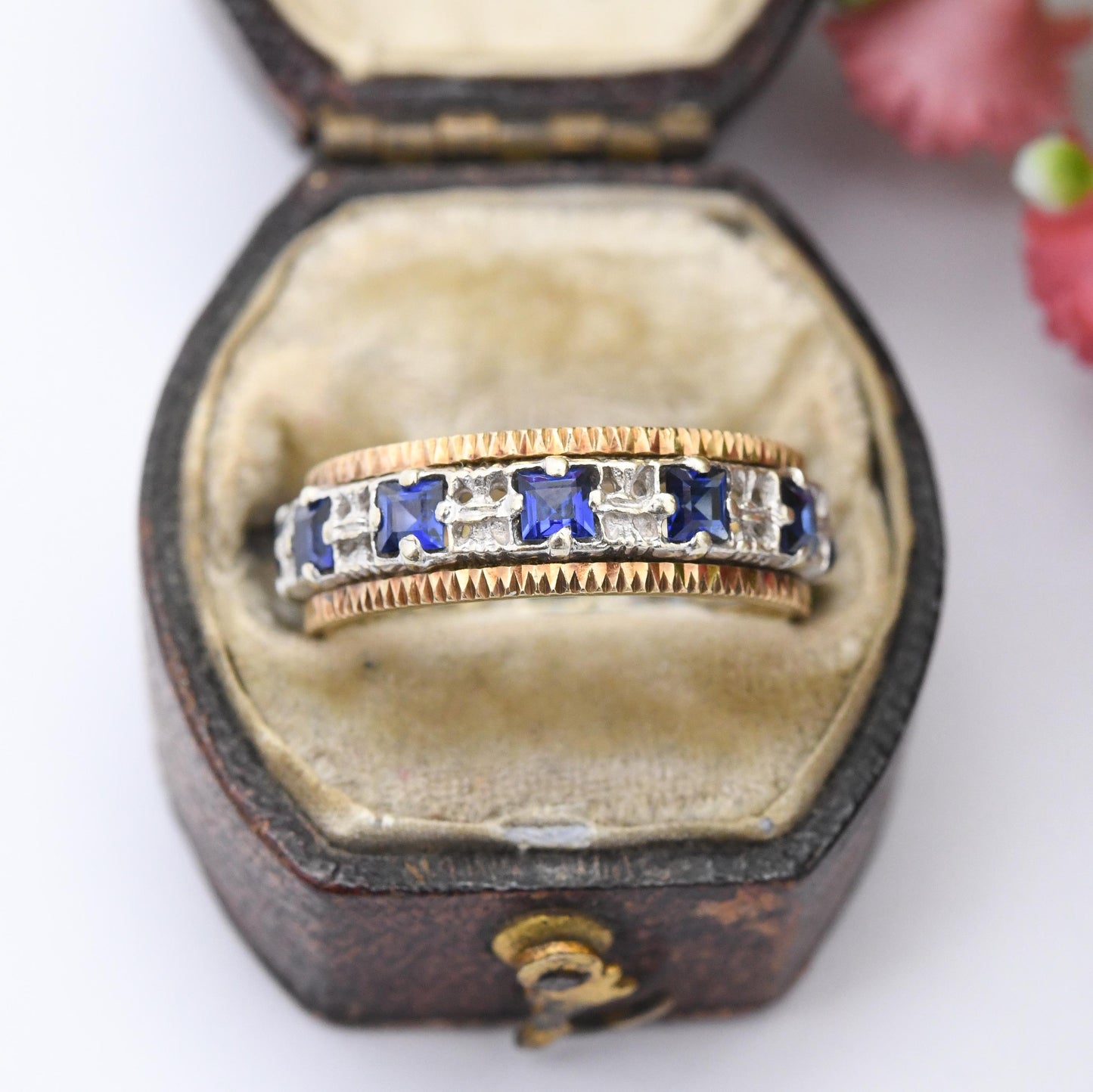 Vintage 9ct Gold Eternity Ring with Square Blue Stones - Two-Tone White Gold Yellow Gold | UK Size - M | US Size - 6 1/4