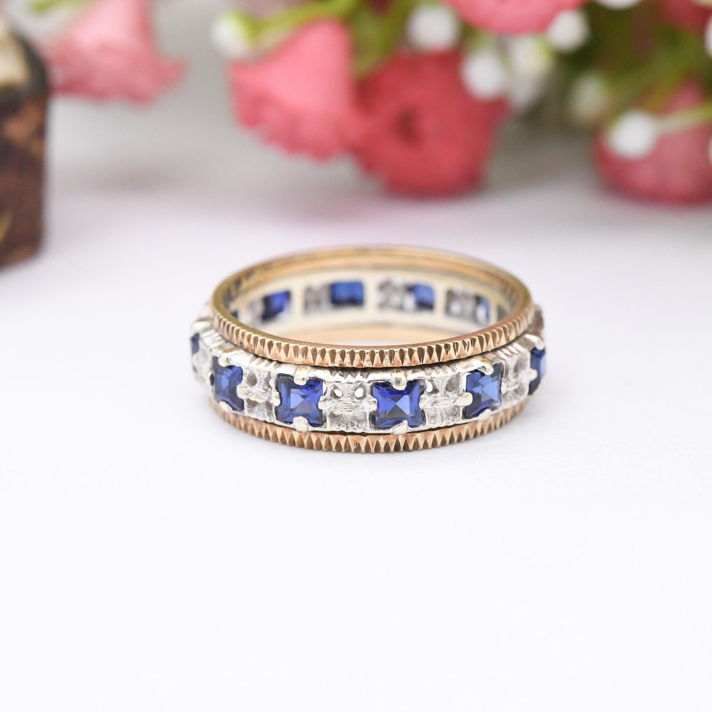Vintage 9ct Gold Eternity Ring with Square Blue Stones - Two-Tone White Gold Yellow Gold | UK Size - M | US Size - 6 1/4