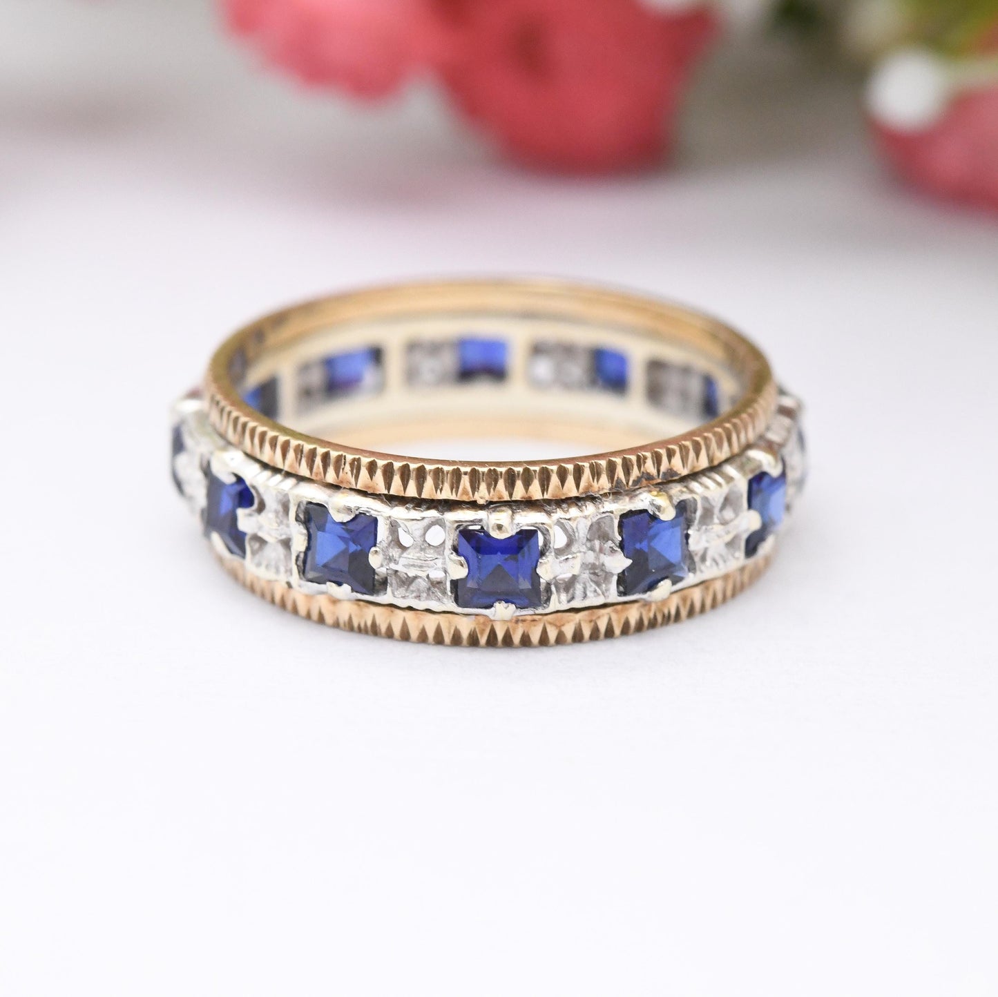 Vintage 9ct Gold Eternity Ring with Square Blue Stones - Two-Tone White Gold Yellow Gold | UK Size - M | US Size - 6 1/4