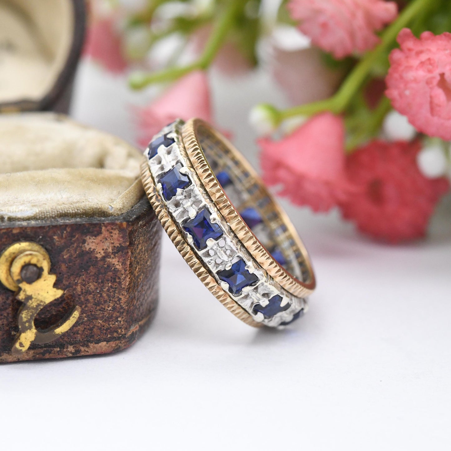 Vintage 9ct Gold Eternity Ring with Square Blue Stones - Two-Tone White Gold Yellow Gold | UK Size - M | US Size - 6 1/4