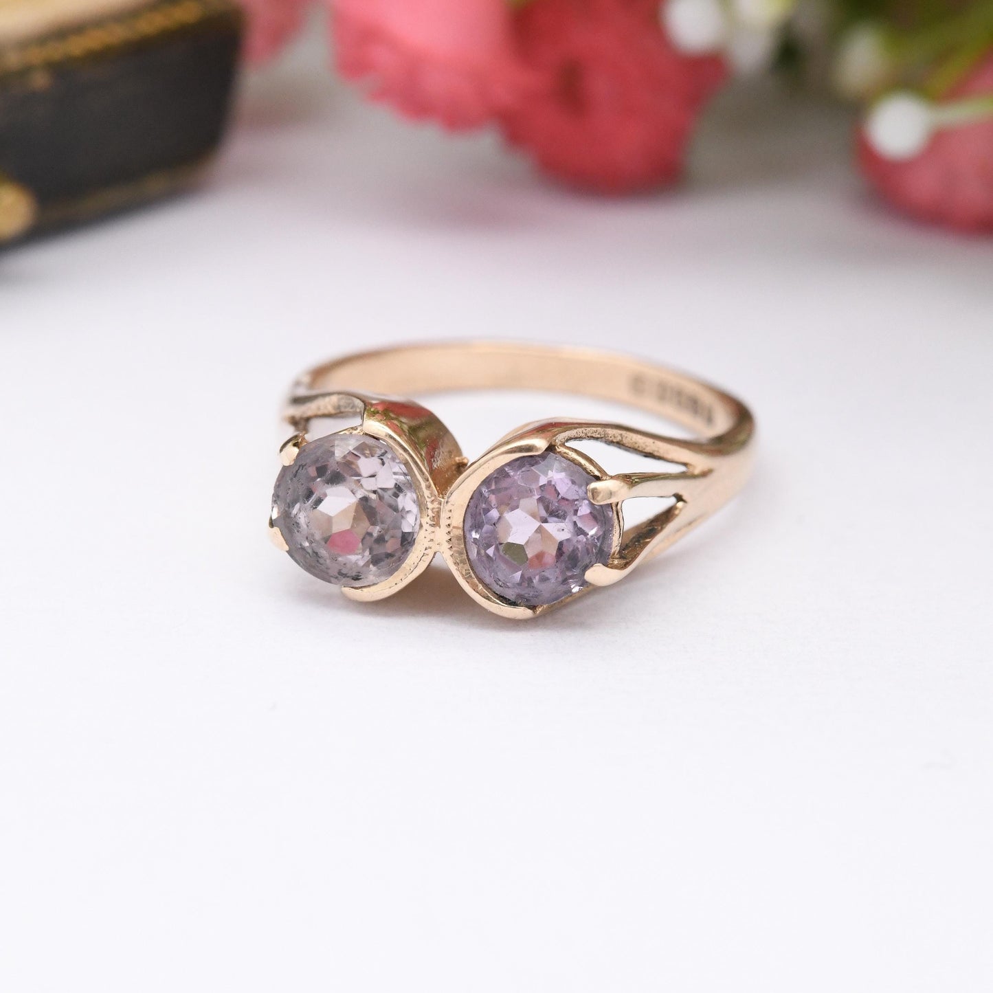 Vintage 9ct Gold Two Stone Ring 1970 Purple Clear Dual Gemstones - Mid-Century Large Faceted Stone Cocktail | UK Size - N 1/2 | US Size - 7