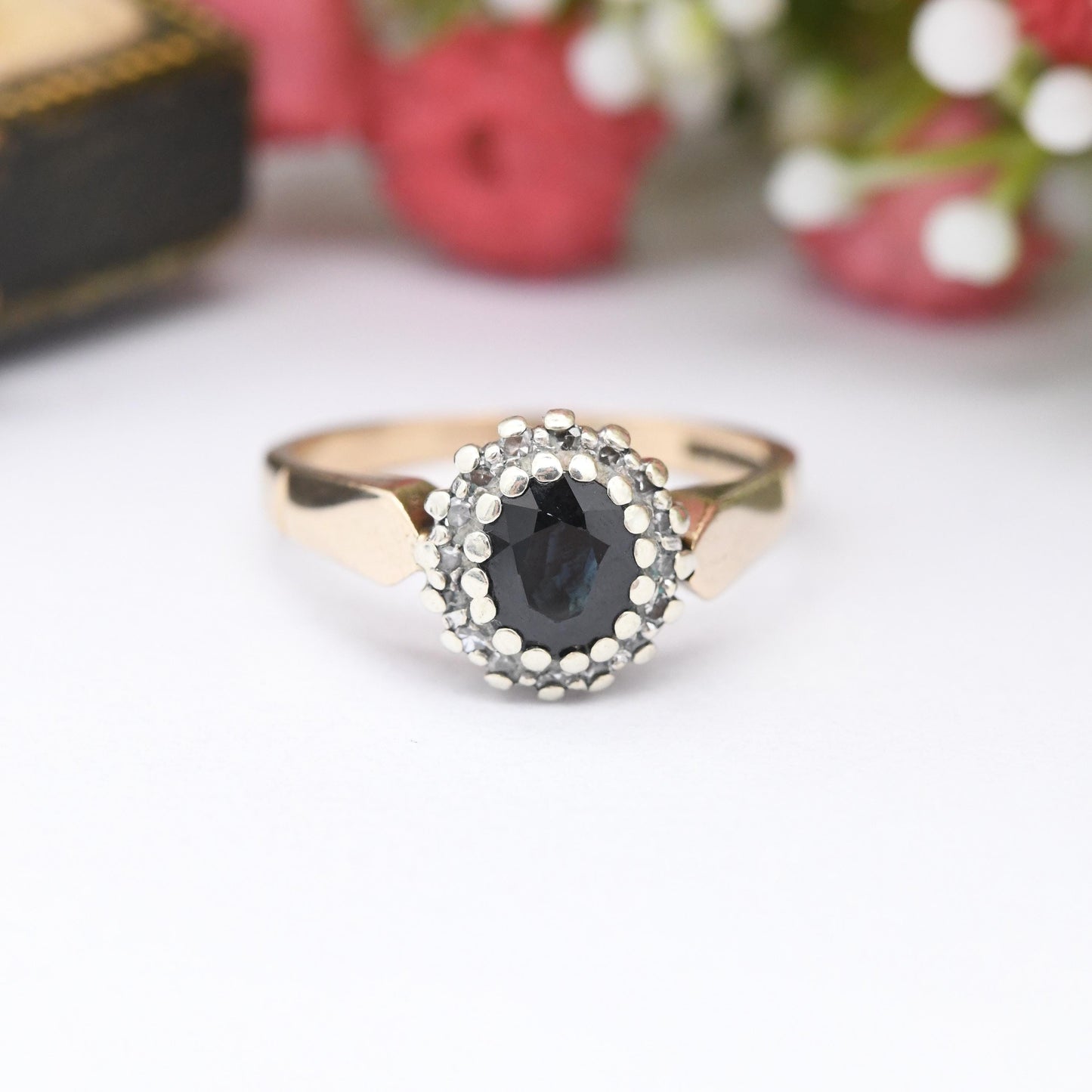 Vintage 9ct Gold Sapphire and Diamond Halo Ring 1990 - Vintage Statement Engagement Ring | Gift for Her | UK Size - L | US Size - 5 3/4