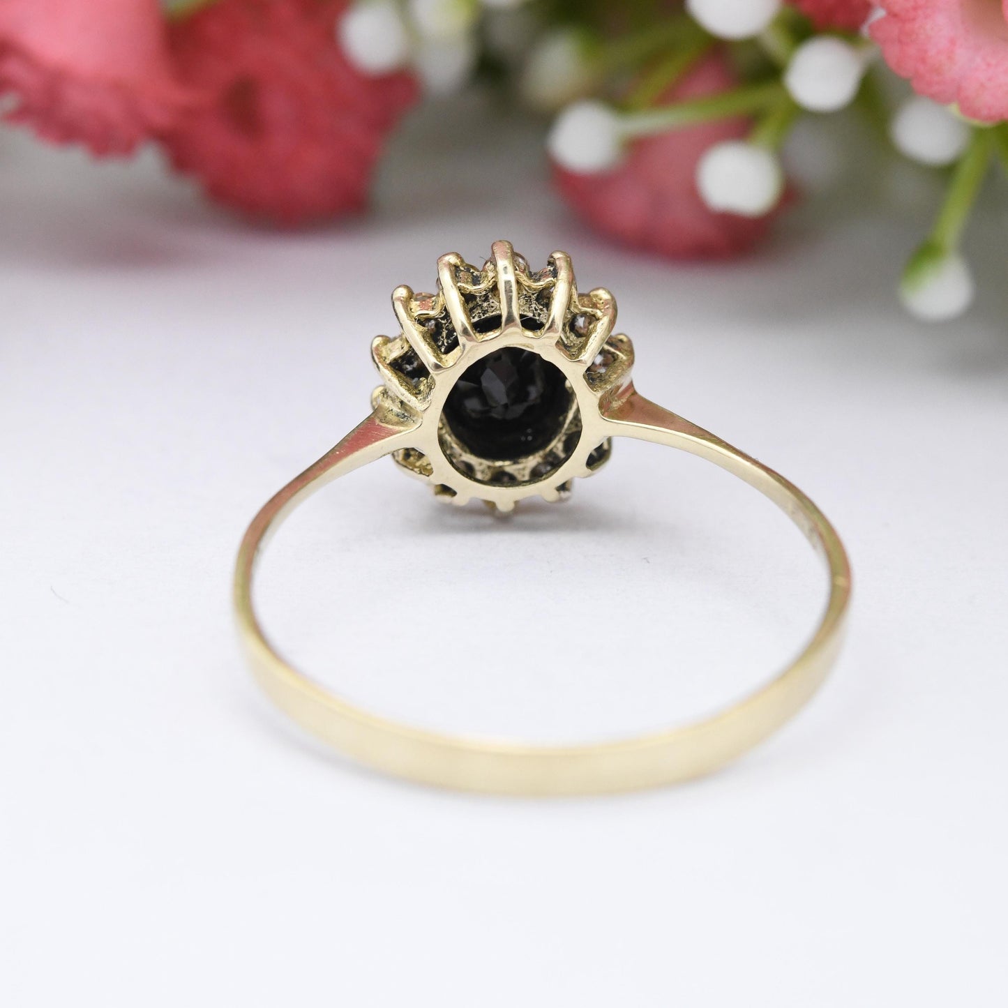 Vintage 14ct Gold Sapphire and CZ Halo Ring - Blue Gemstone Floral Cluster Delicate Jewellery Gift for Her | UK Size - T | US Size - 9 1/2