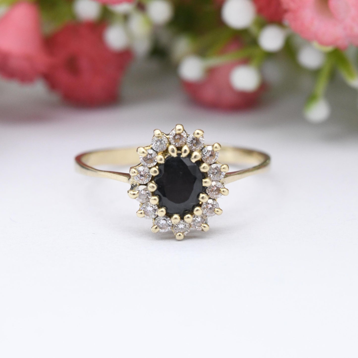 Vintage 14ct Gold Sapphire and CZ Halo Ring - Blue Gemstone Floral Cluster Delicate Jewellery Gift for Her | UK Size - T | US Size - 9 1/2