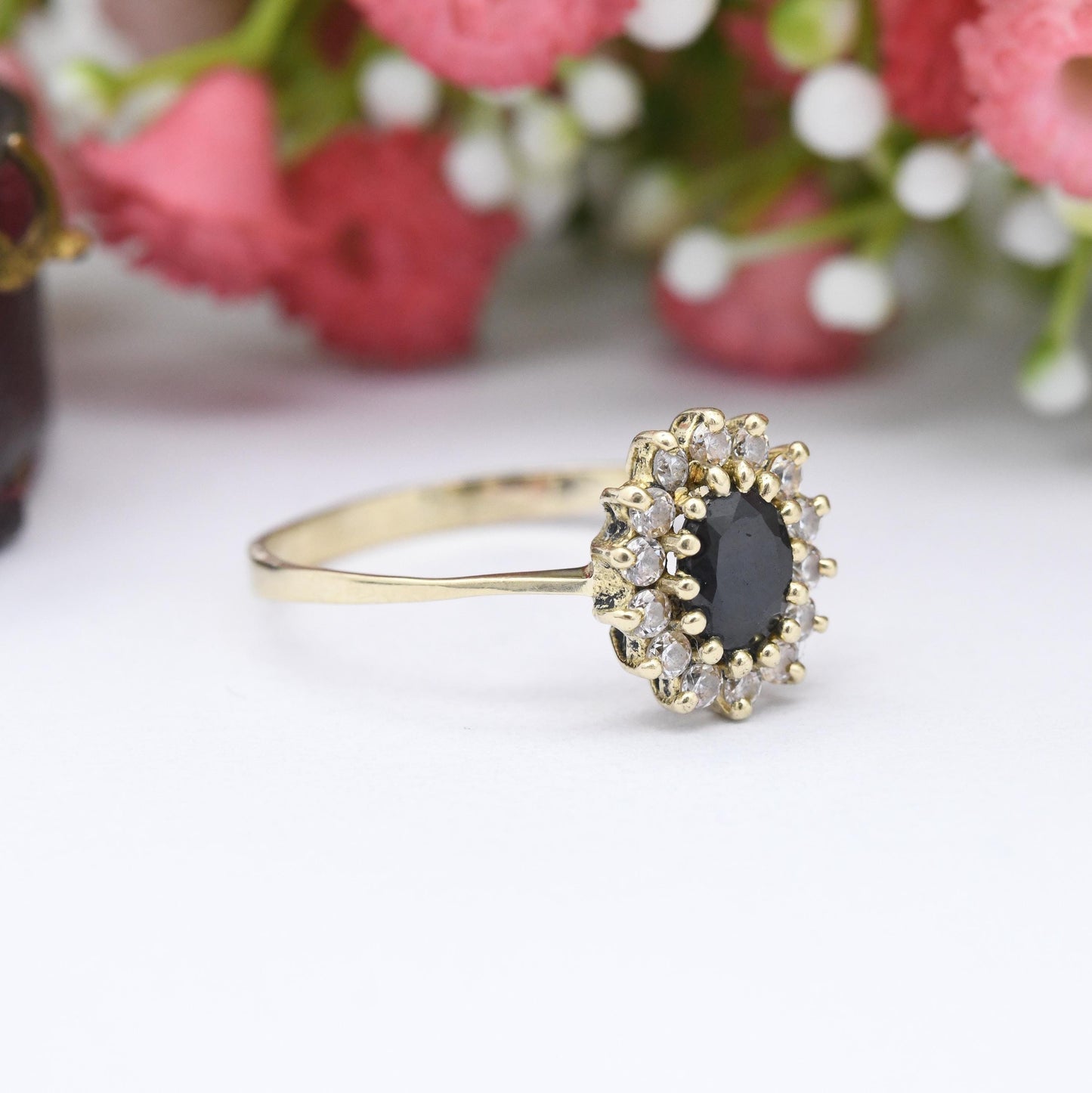 Vintage 14ct Gold Sapphire and CZ Halo Ring - Blue Gemstone Floral Cluster Delicate Jewellery Gift for Her | UK Size - T | US Size - 9 1/2