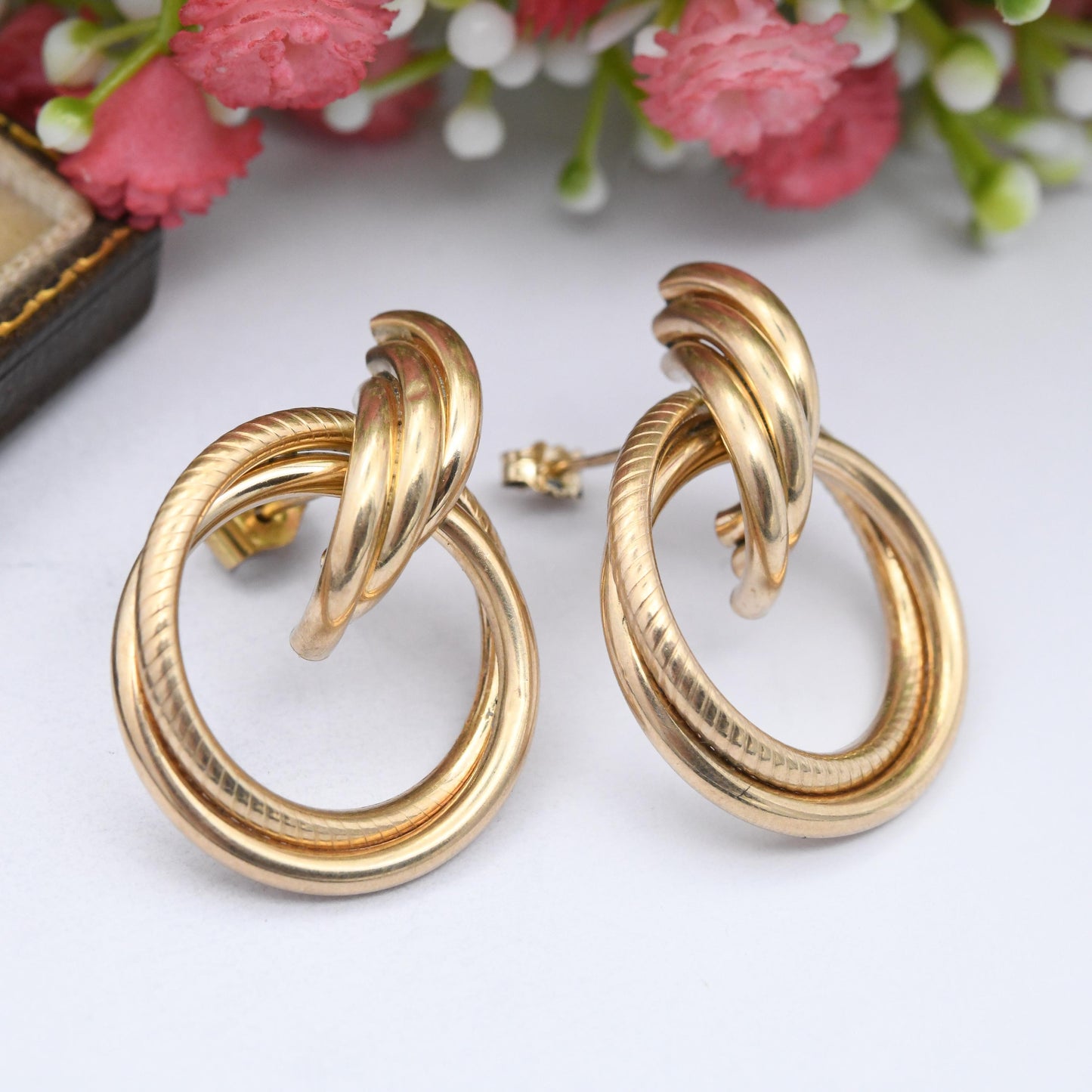 Vintage 9ct Gold Twist Front Facing Hoop Stud Earrings - Large Chunky Hollow Gold Studs Crossed Rings | Butterfly Backs | Hallmarked Gold