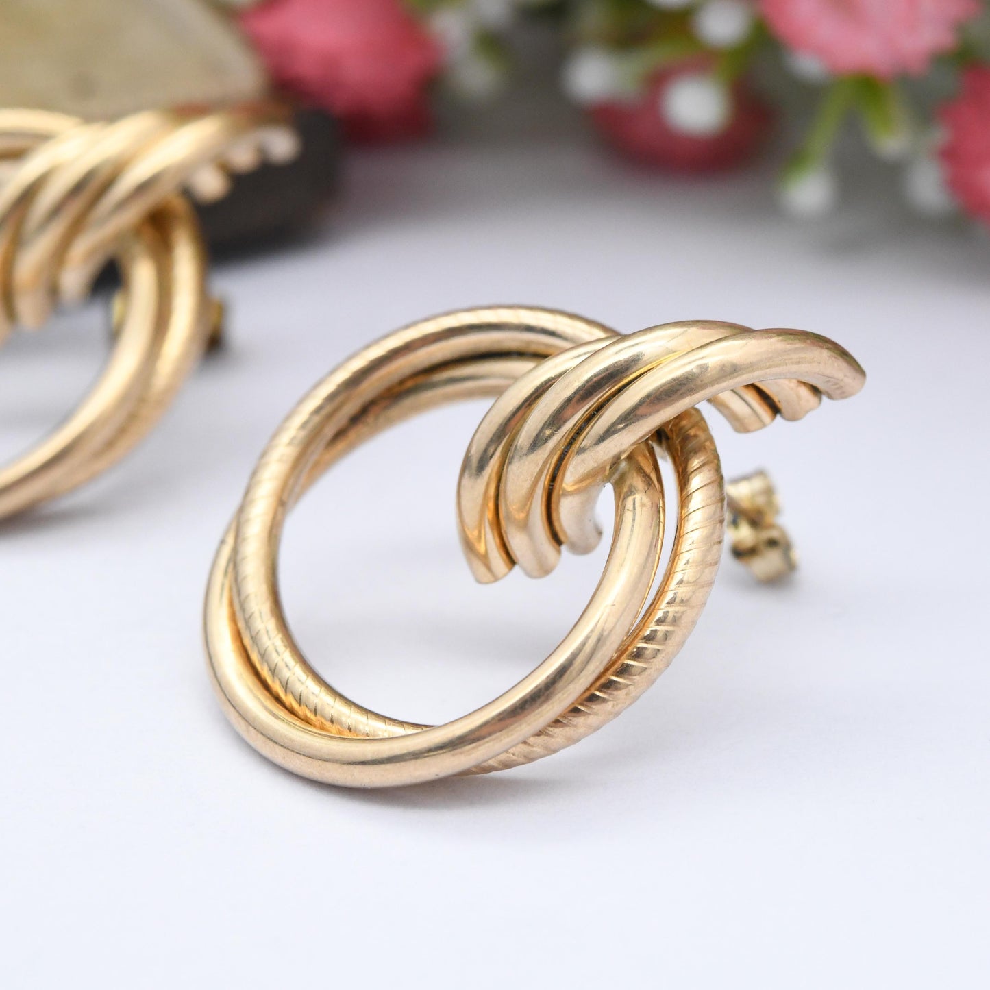 Vintage 9ct Gold Twist Front Facing Hoop Stud Earrings - Large Chunky Hollow Gold Studs Crossed Rings | Butterfly Backs | Hallmarked Gold