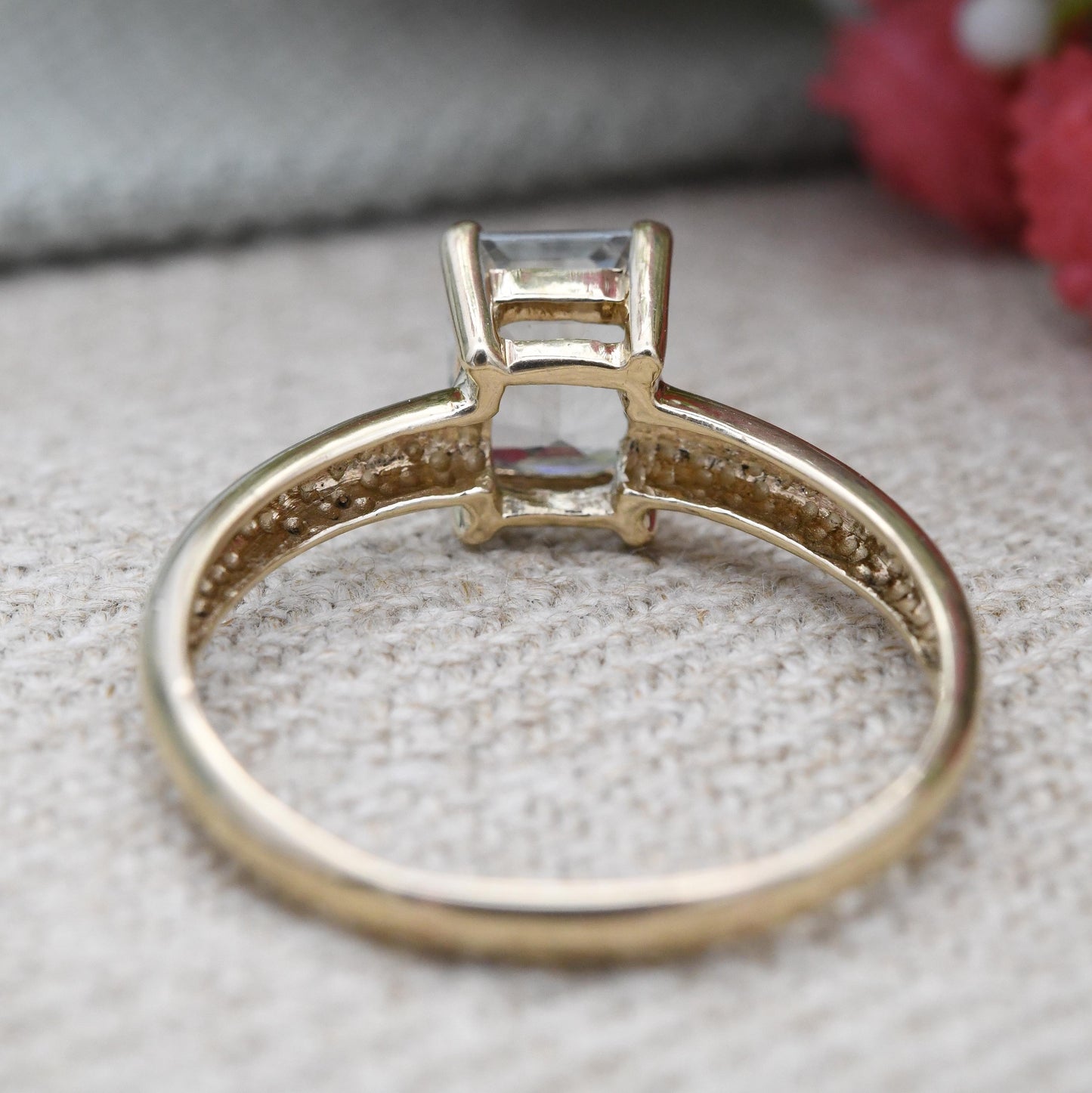 Vintage 9ct Gold Aquamarine Solitaire Ring Emerald Cut - Large Prong Blue Single Stone Cocktail Ring | UK Size - T | US Size - 9 1/2