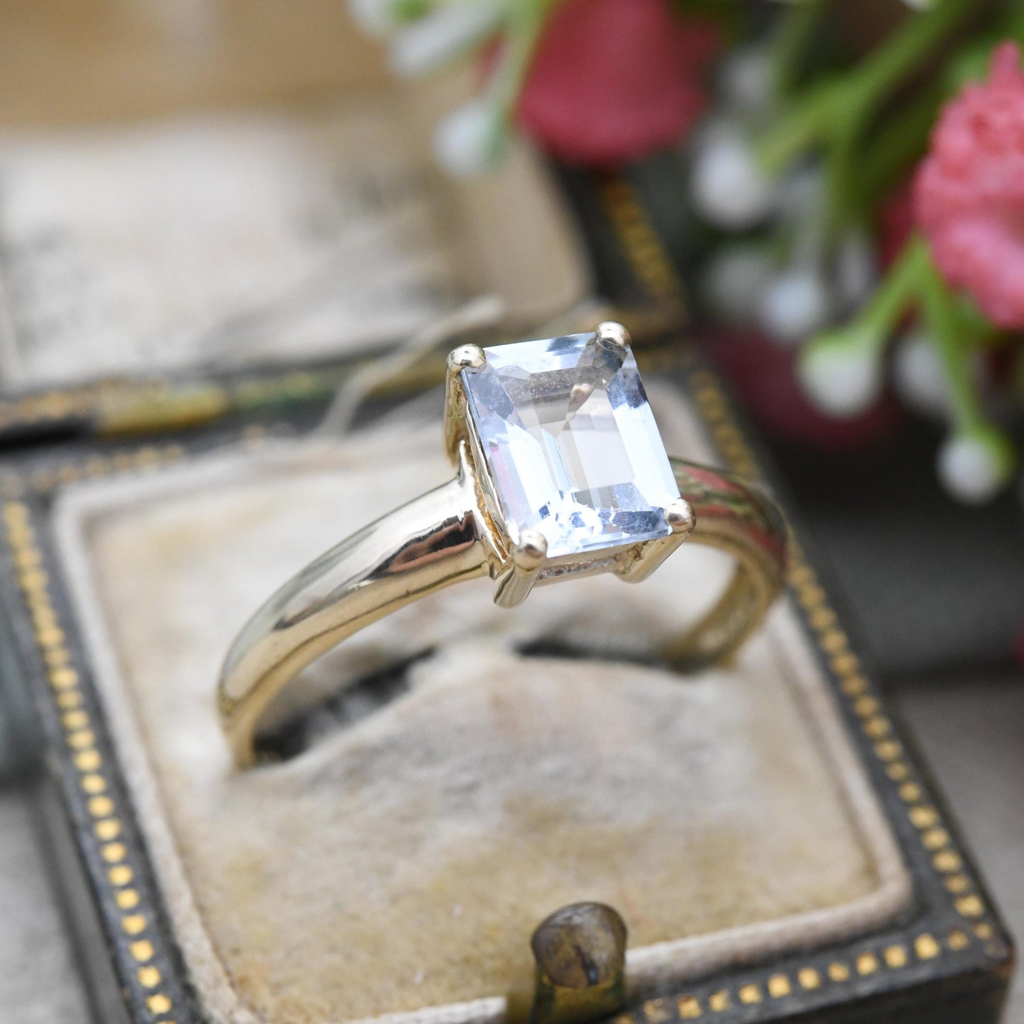 Vintage 9ct Gold Aquamarine Solitaire Ring Emerald Cut - Large Prong Blue Single Stone Cocktail Ring | UK Size - T | US Size - 9 1/2