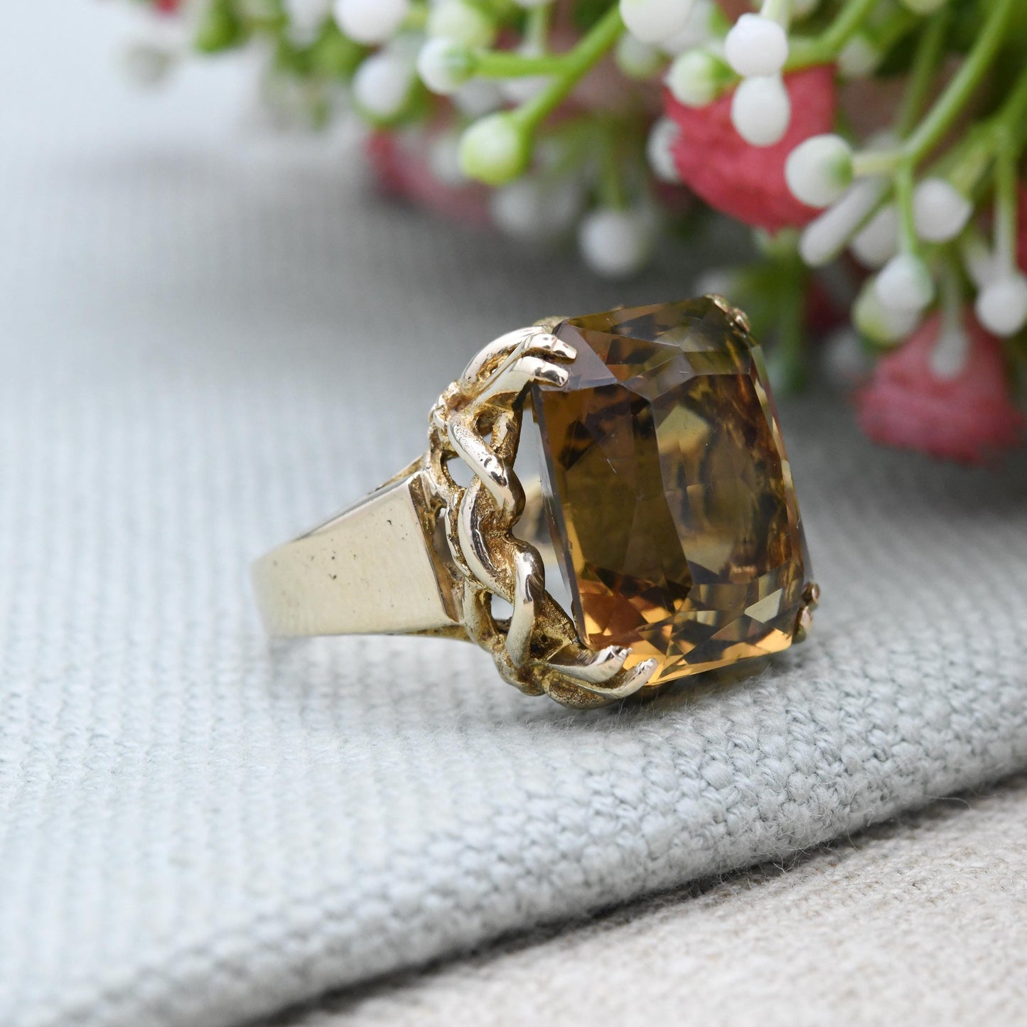 Vintage 9ct Gold Citrine Ring Chunky Mid-Century Statement - Yellow Gemstone Jewellery Twisted Knot Bezel | UK Size - K 1/2 US Size - 5 1/2