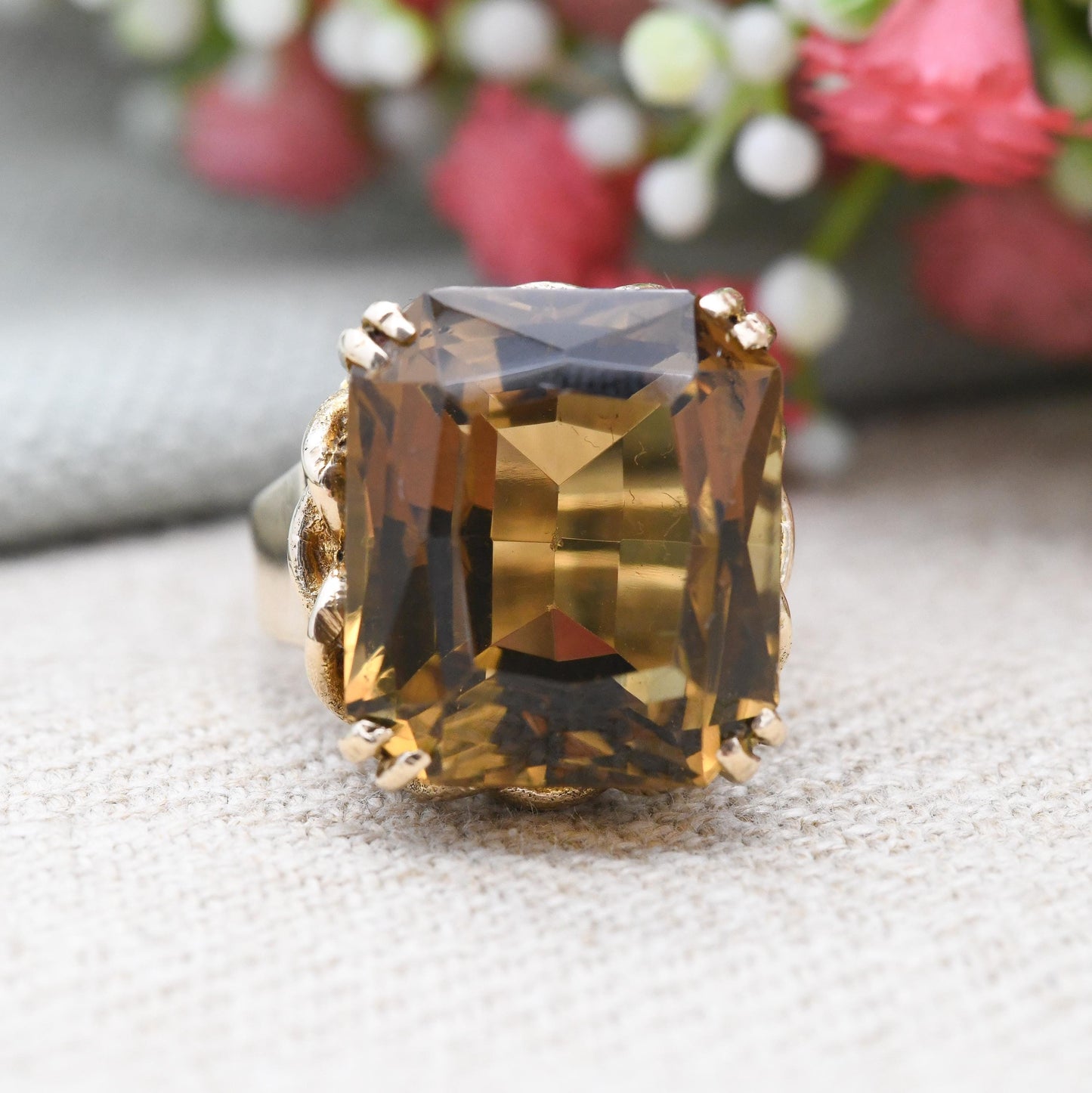 Vintage 9ct Gold Citrine Ring Chunky Mid-Century Statement - Yellow Gemstone Jewellery Twisted Knot Bezel | UK Size - K 1/2 US Size - 5 1/2