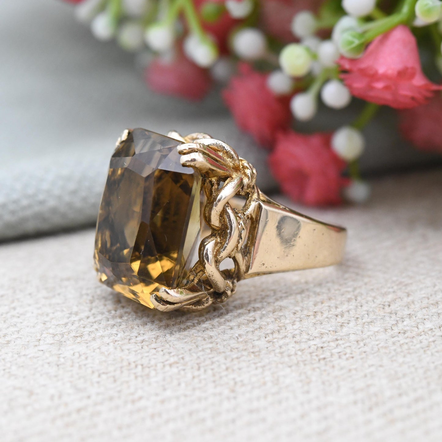 Vintage 9ct Gold Citrine Ring Chunky Mid-Century Statement - Yellow Gemstone Jewellery Twisted Knot Bezel | UK Size - K 1/2 US Size - 5 1/2