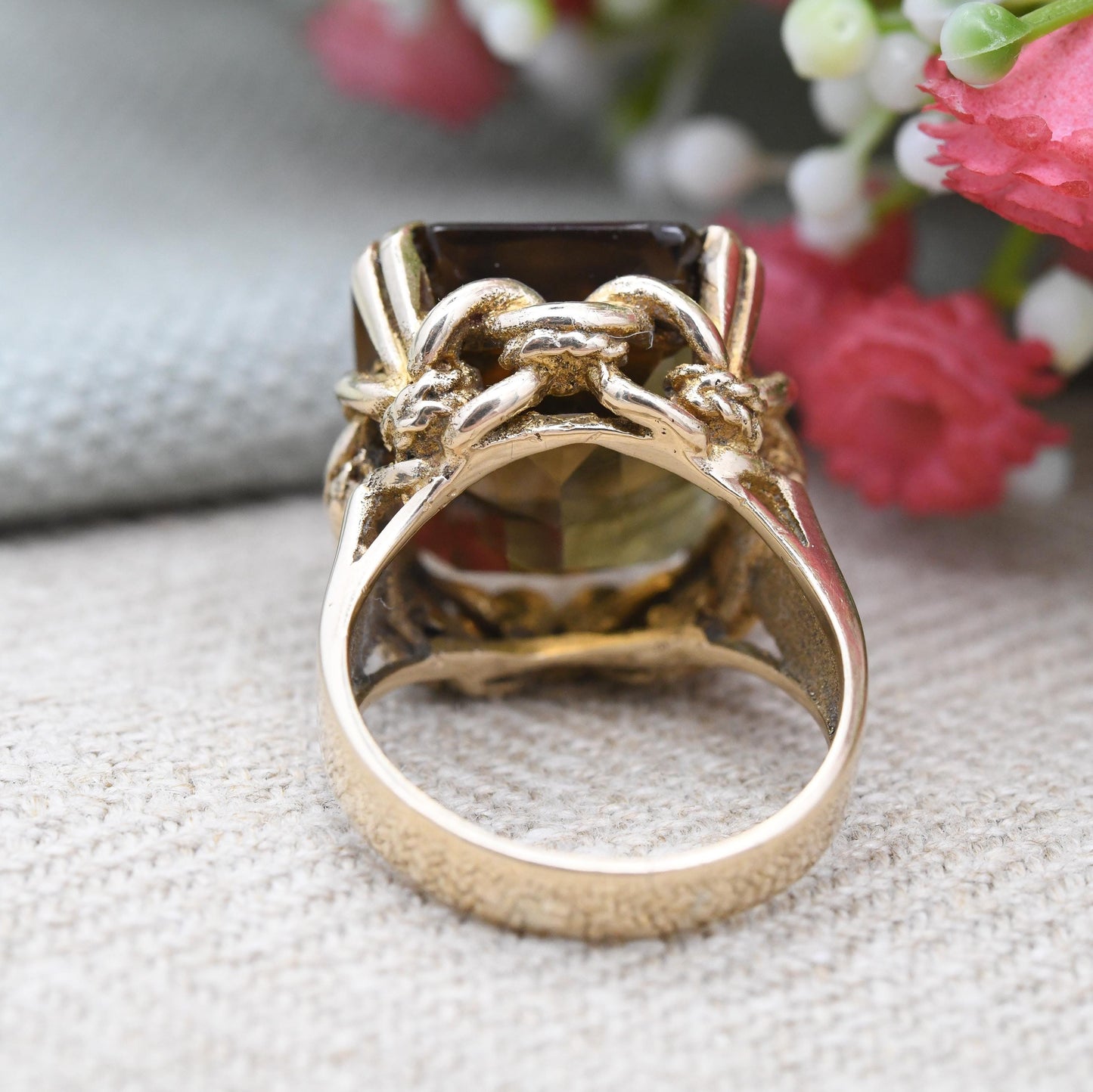 Vintage 9ct Gold Citrine Ring Chunky Mid-Century Statement - Yellow Gemstone Jewellery Twisted Knot Bezel | UK Size - K 1/2 US Size - 5 1/2