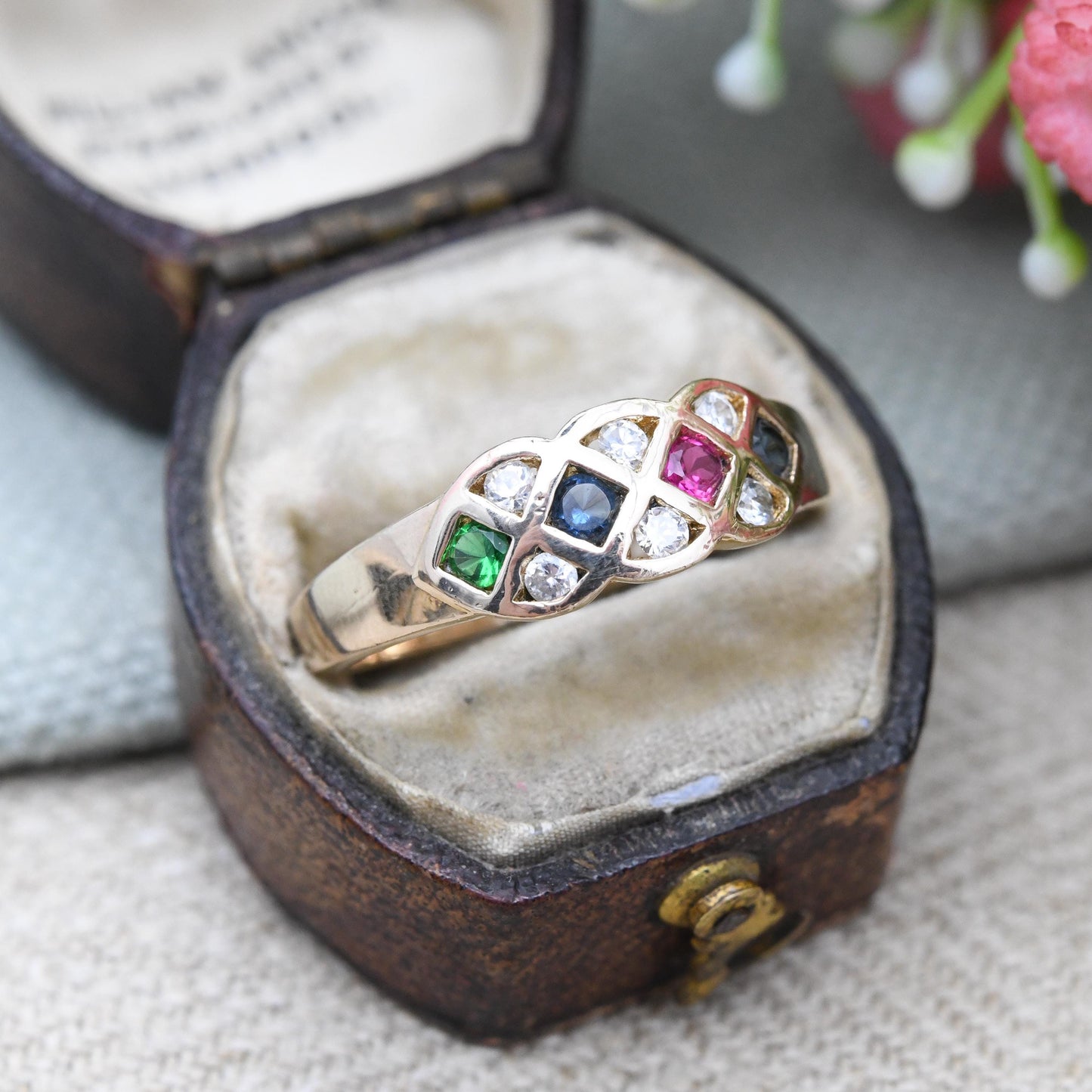 Vintage Harlequin Multi Coloured Stone Ring - Unusual Flush Ruby and Paste Stones | Pretty Anniversary Gift | UK Size - T | US Size - 9 1/2