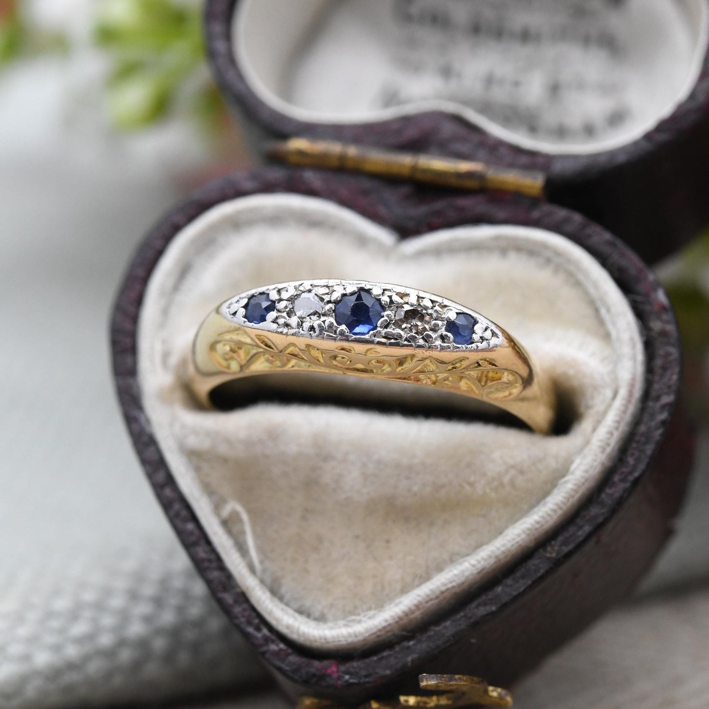 Antique Edwardian 18ct Gold Sapphire and Diamond Boat Ring c. 1900s - Gold and Platinum Ring Scrolling Detail | Size UK - K 1/2 | US - 5 1/2