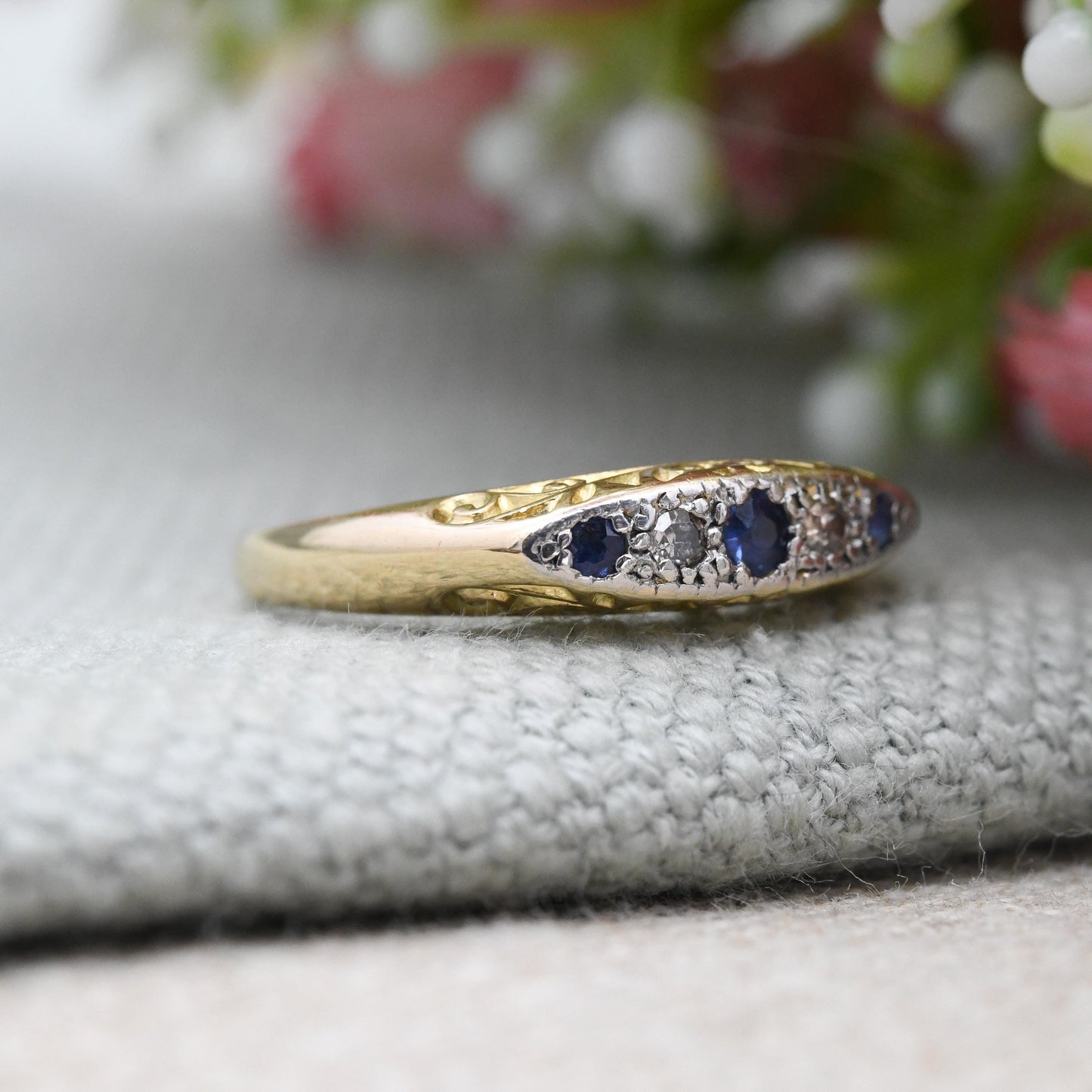 Antique Edwardian 18ct Gold Sapphire and Diamond Boat Ring c. 1900s - Gold and Platinum Ring Scrolling Detail | Size UK - K 1/2 | US - 5 1/2