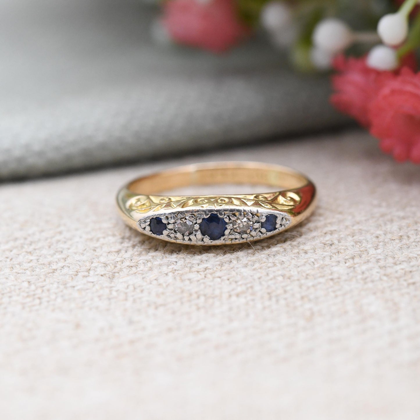 Antique Edwardian 18ct Gold Sapphire and Diamond Boat Ring c. 1900s - Gold and Platinum Ring Scrolling Detail | Size UK - K 1/2 | US - 5 1/2