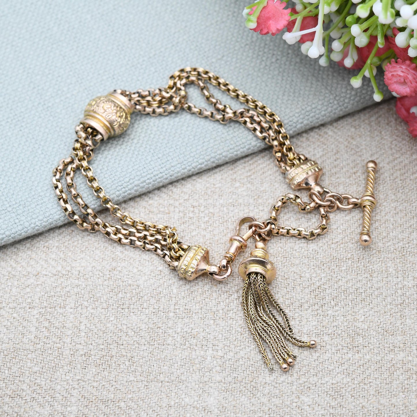 Antique Victorian 9ct Gold Albertina Chain Bracelet with Tassel Slider Dog Clip T-Bar - Cable Rolo Multi-Strand Watch Chain Floral Engraving