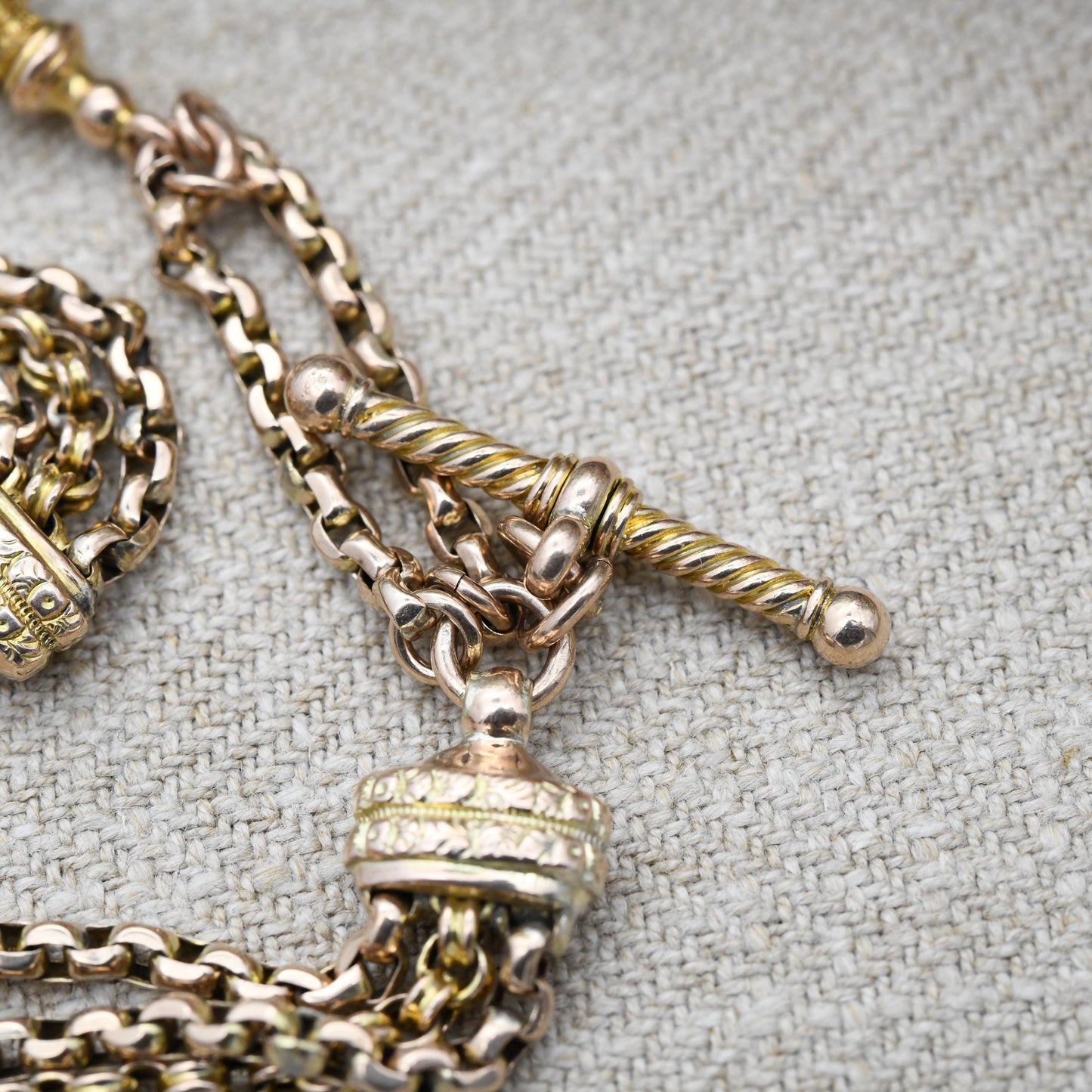 Antique Victorian 9ct Gold Albertina Chain Bracelet with Tassel Slider Dog Clip T-Bar - Cable Rolo Multi-Strand Watch Chain Floral Engraving