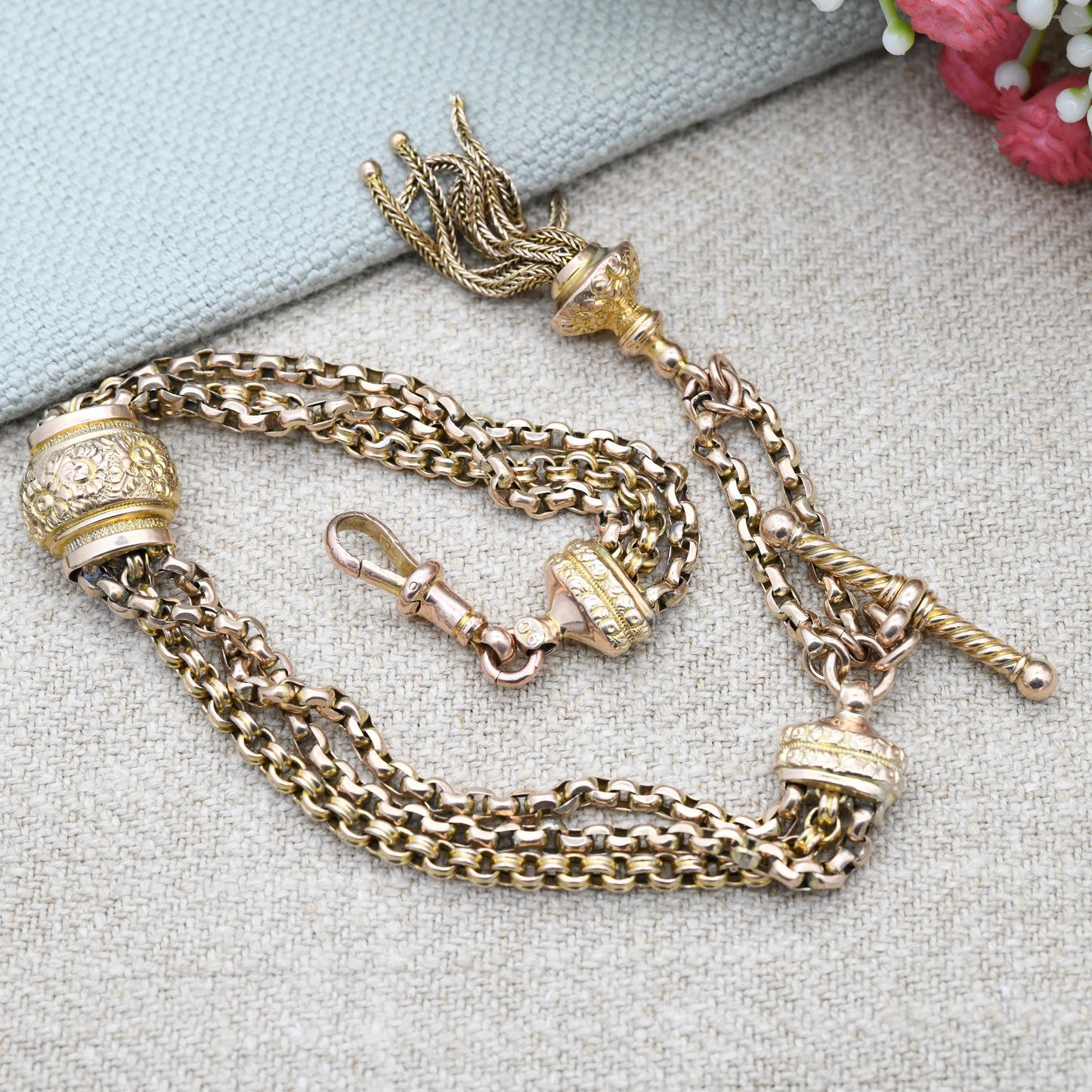 Antique Victorian 9ct Gold Albertina Chain Bracelet with Tassel Slider Dog Clip T-Bar - Cable Rolo Multi-Strand Watch Chain Floral Engraving