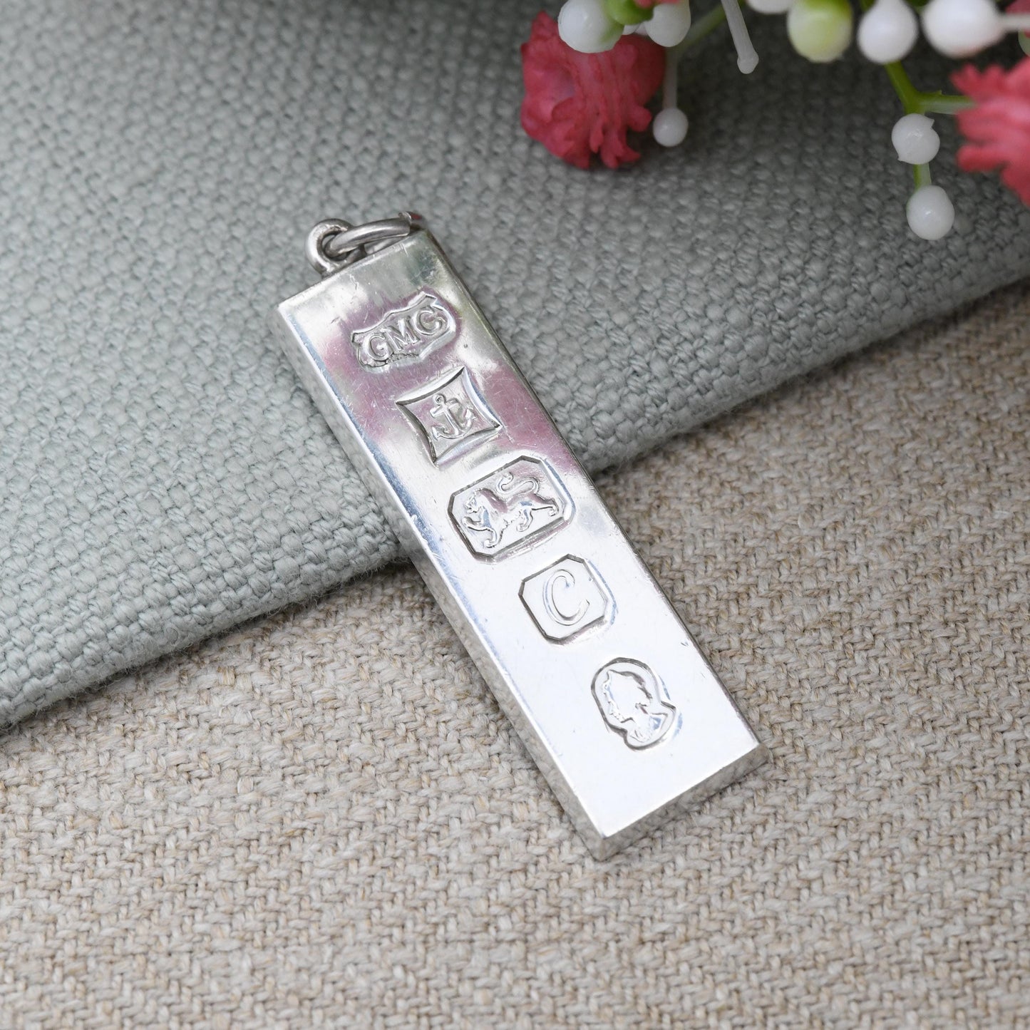 Vintage Sterling Silver Ingot Pendant 1977 with Queen Elizabeth II Silver Jubilee Stamp GMC - Hallmarked in Birmingham Mid-Century Necklace