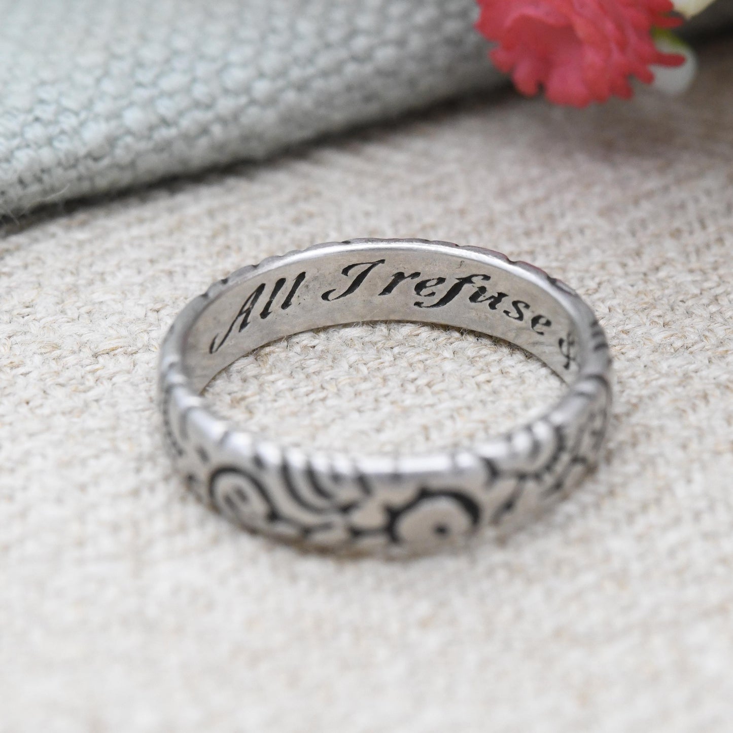 Vintage Sterling Silver Posy Ring All I Refuse & Thee I Choose - Sentimental Secret Message Textured Floral Band | Size UK - L 1/2 | US - 6