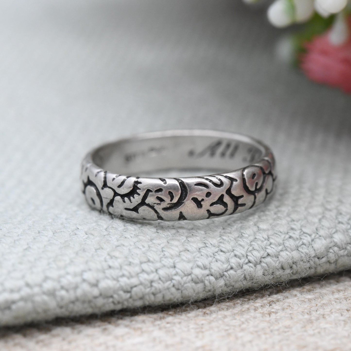 Vintage Sterling Silver Posy Ring All I Refuse & Thee I Choose - Sentimental Secret Message Textured Floral Band | Size UK - L 1/2 | US - 6