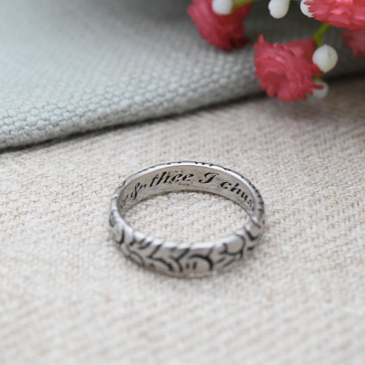 Vintage Sterling Silver Posy Ring All I Refuse & Thee I Choose - Sentimental Secret Message Textured Floral Band | Size UK - L 1/2 | US - 6