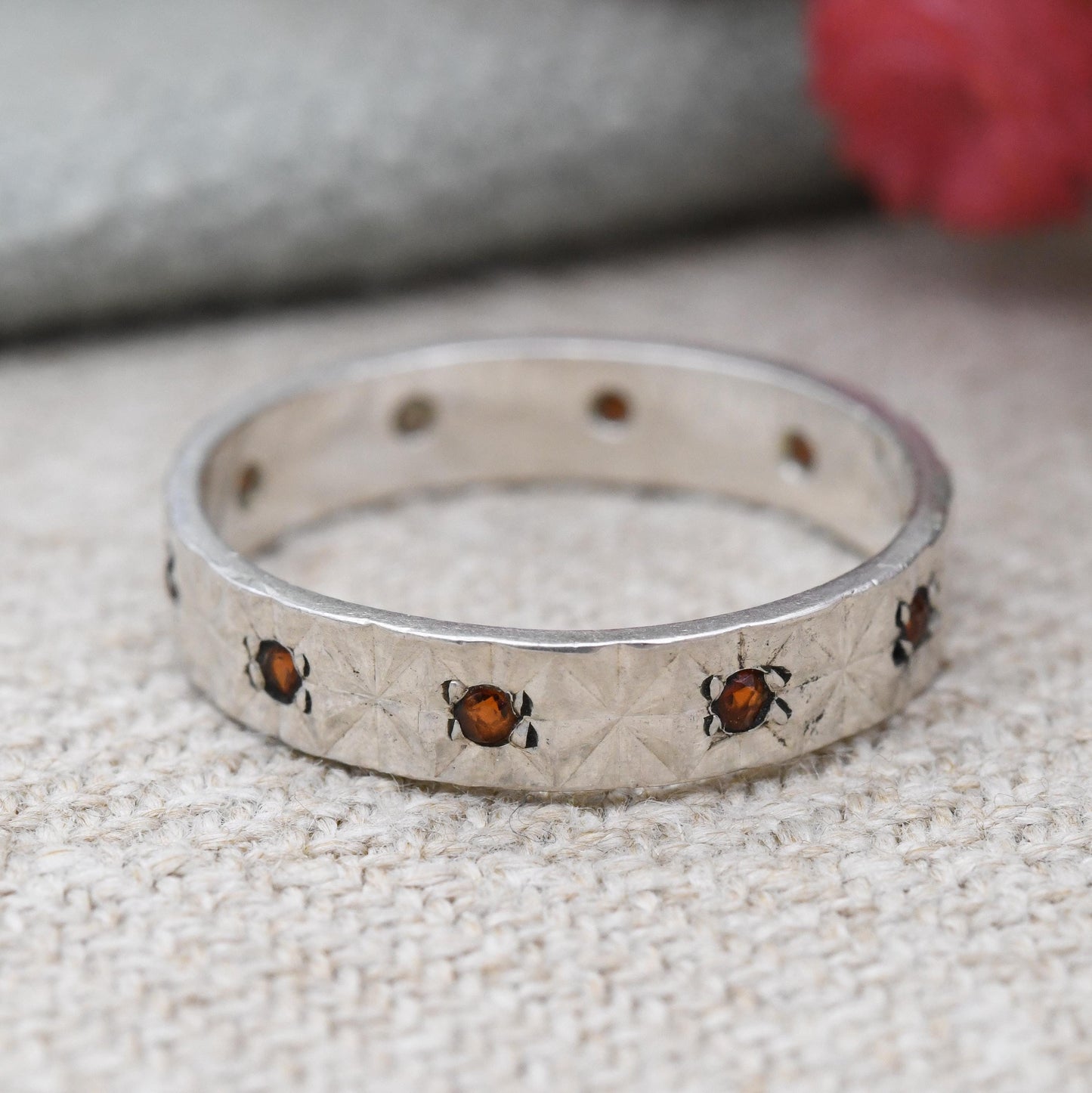 Vintage Sterling Silver Garnet Eternity Band Ring 1980 - Mid-Century Textured Band Stacking Ring | Diamond Cut | UK Size - L 1/2 US Size - 6