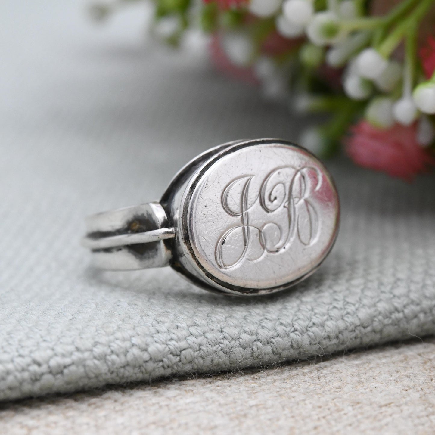 Vintage Silver Monogram Signet Ring - Chunky Engraved Initial Ring JB | Sentimental Silver Jewellery | UK Size - S 1/2 | US Size - 9 1/4