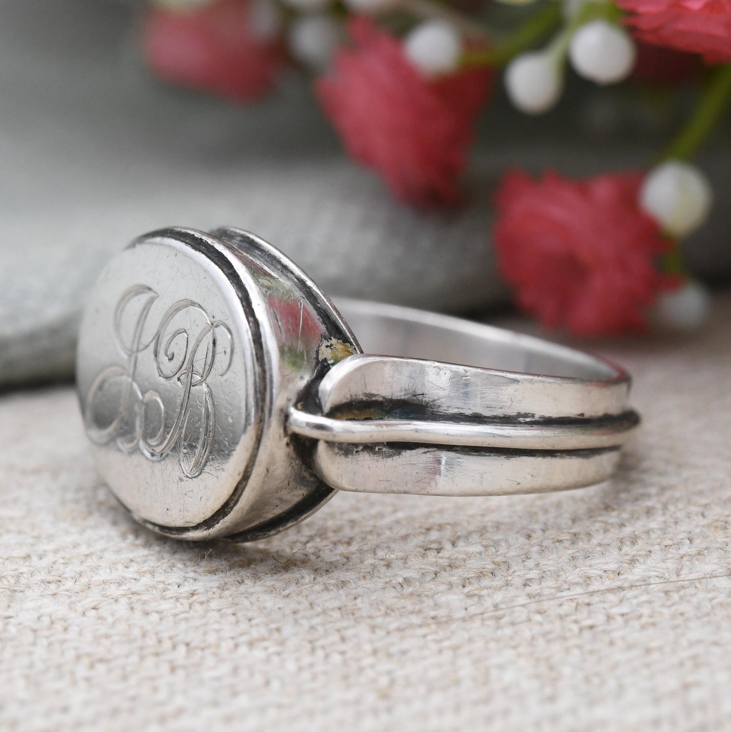 Vintage Silver Monogram Signet Ring - Chunky Engraved Initial Ring JB | Sentimental Silver Jewellery | UK Size - S 1/2 | US Size - 9 1/4