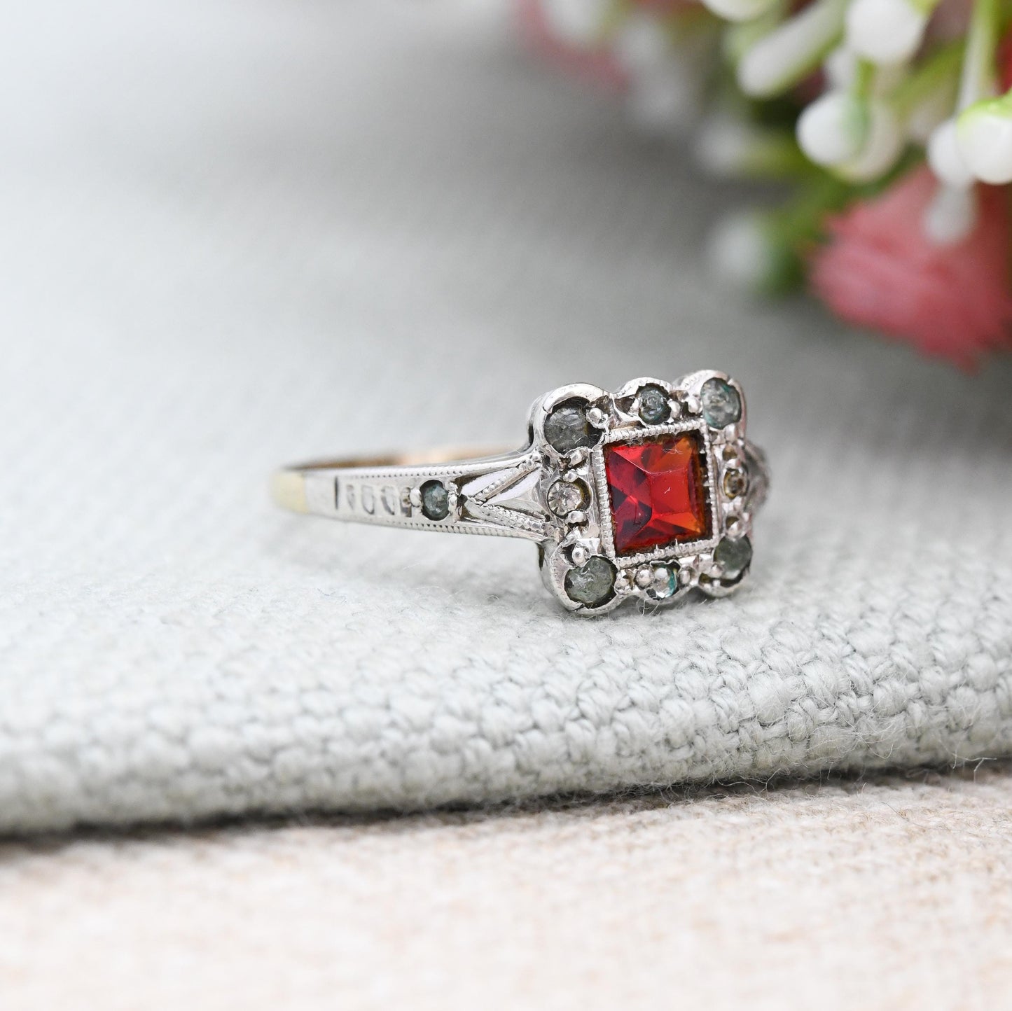 Vintage 9ct Gold & Sterling Silver Paste Square Halo Ring - c. 1940s Cocktail Jewellery Pretty Gift for Her | UK Size - N 1/2 | US Size - 7