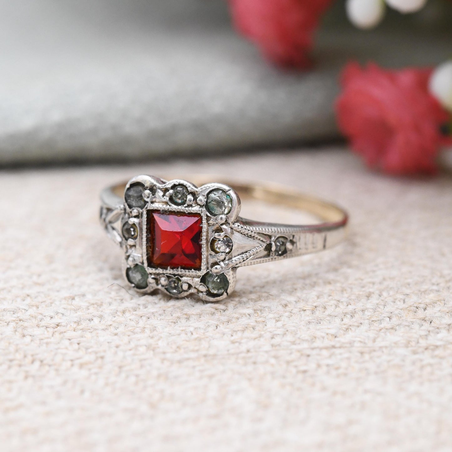 Vintage 9ct Gold & Sterling Silver Paste Square Halo Ring - c. 1940s Cocktail Jewellery Pretty Gift for Her | UK Size - N 1/2 | US Size - 7