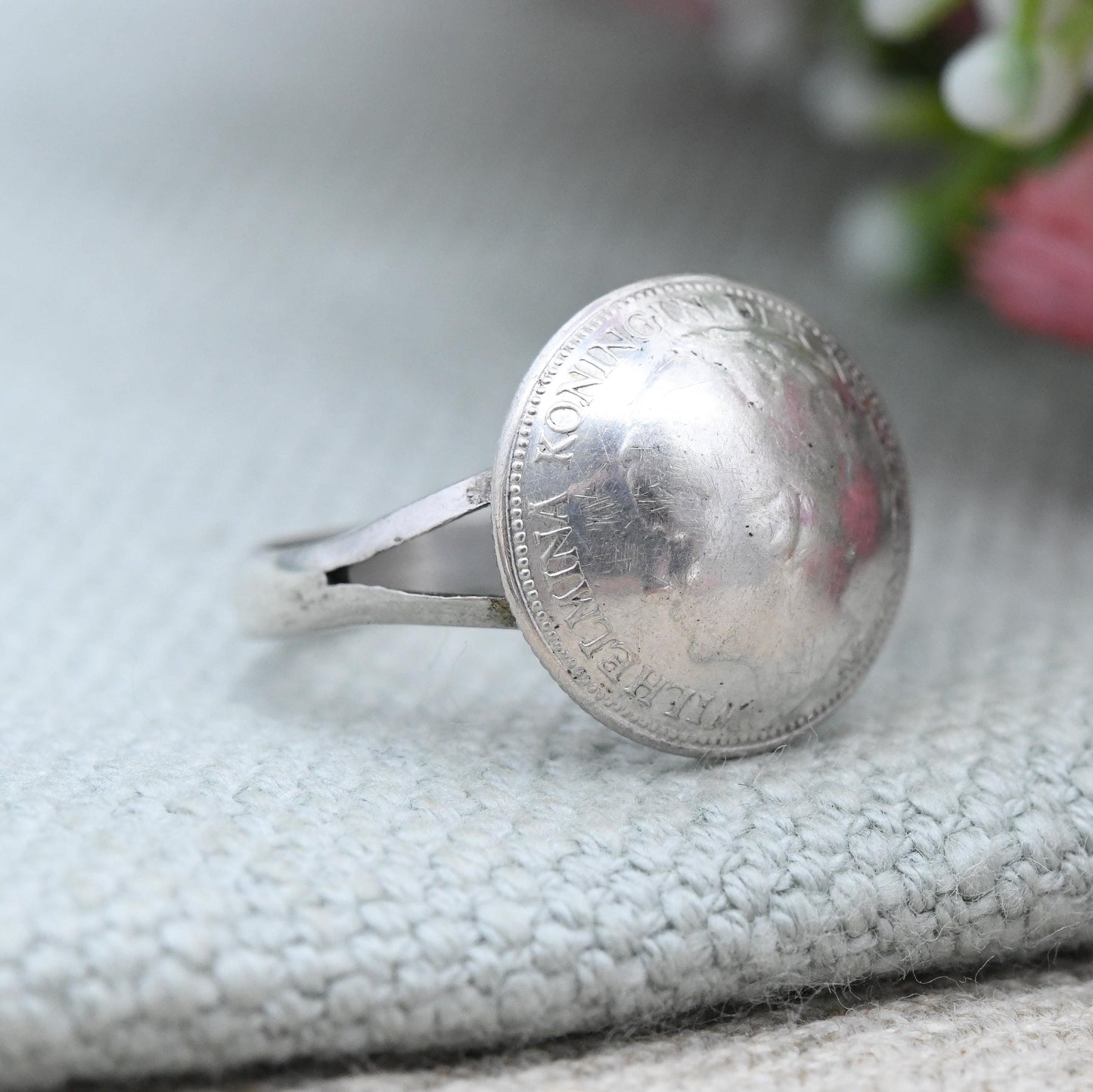 Vintage Silver Wilhelmina Koningin 1941 10 Cents Coin Ring Netherlands - Dutch Royal Family Coin Jewellery | UK Size - N | US Size - 6 3/4